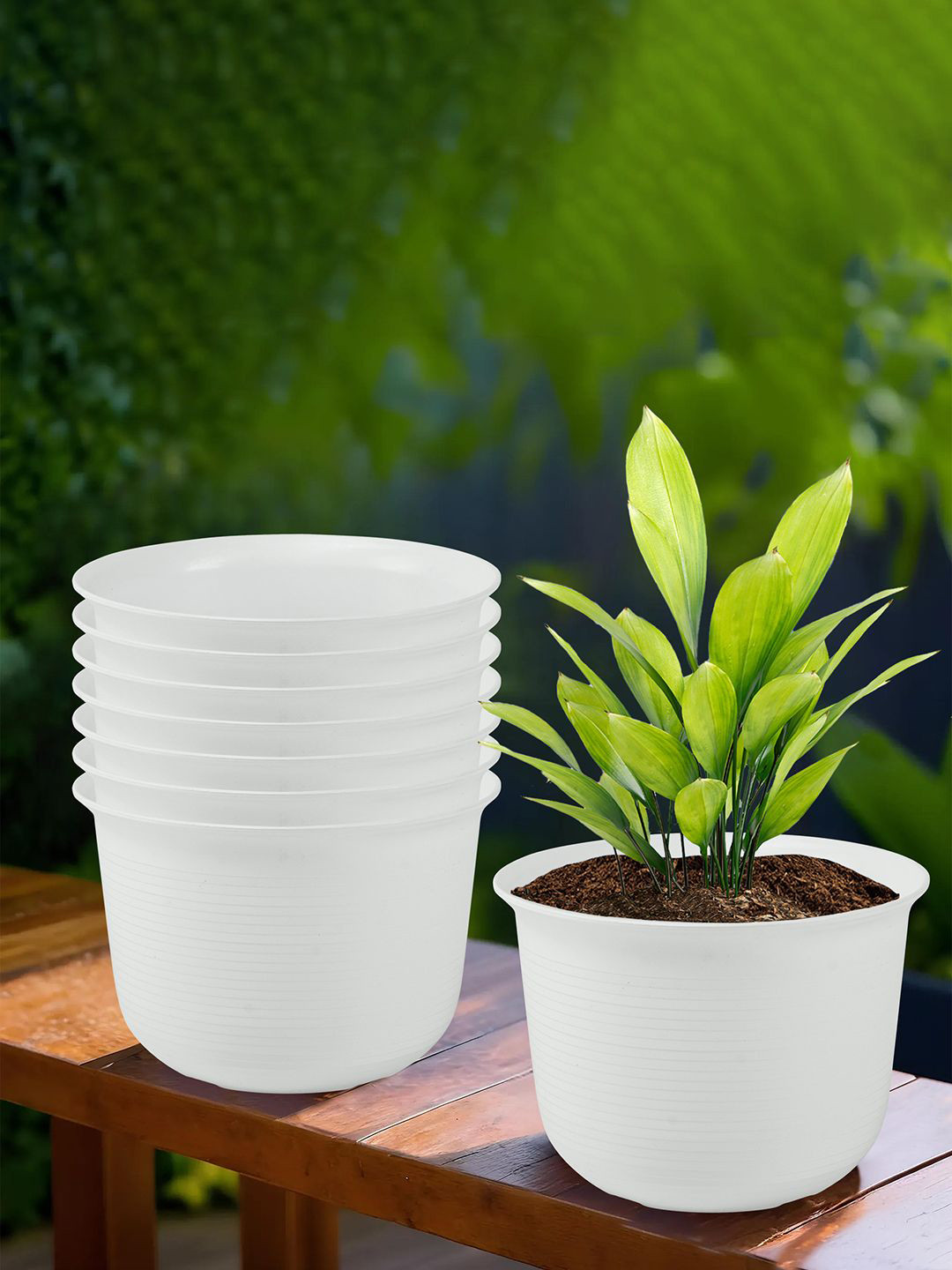 Kuber Industries Sawera White 8 Pieces Textured Planters With Plate