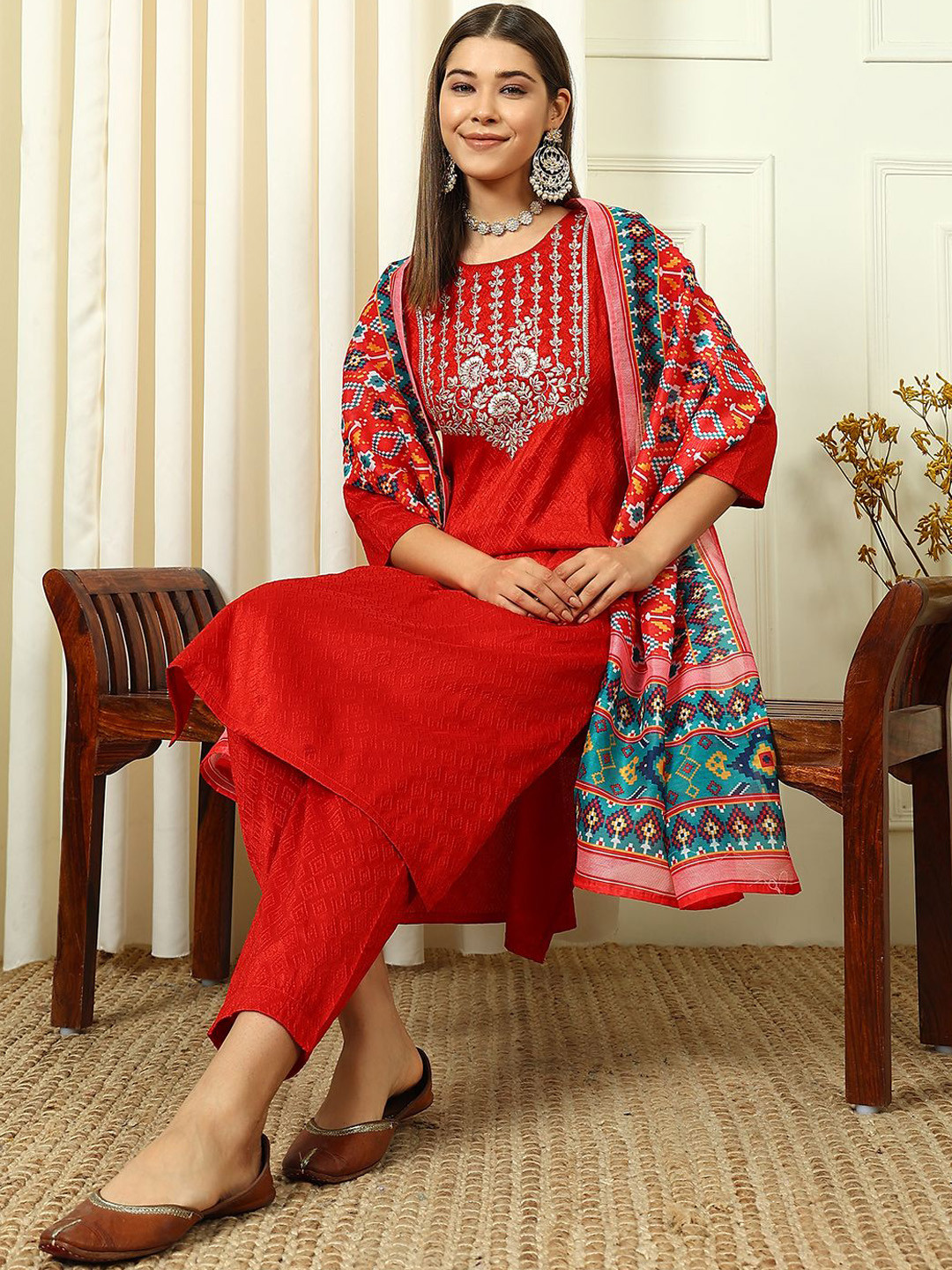 Anouk Rustic Red Geometric Self Design Round Neck Thread Work Kurta & Trouser & Dupatta