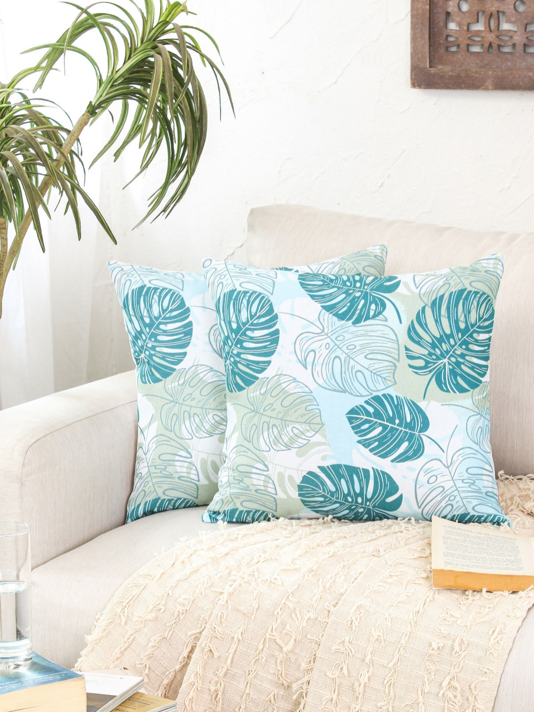 HOMPRIN Island Oasis Blue Leaf Cotton 2 Piece Square Cushion Covers -16x16In