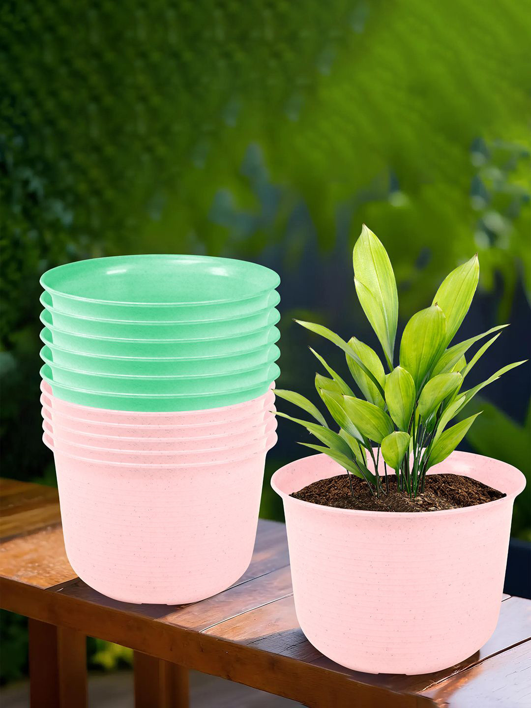 Kuber Industries Pink & Green 12 Pieces Textured Flower Pots With Plate