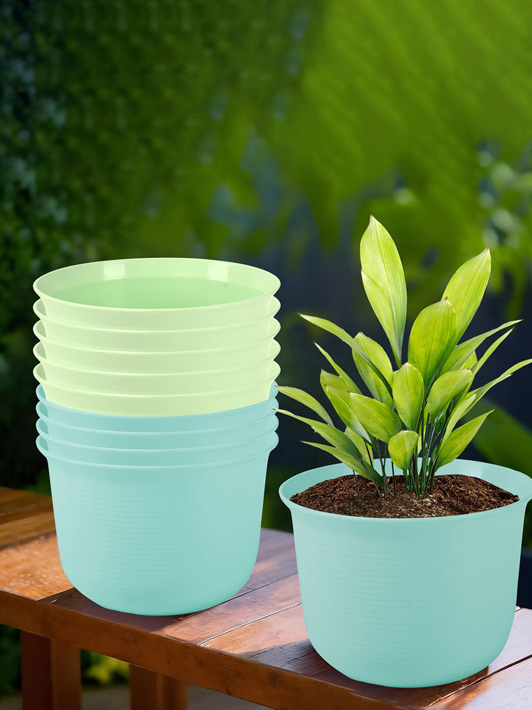 Kuber Industries Blue & Light Green 10 Pieces Striped Planters With Plate