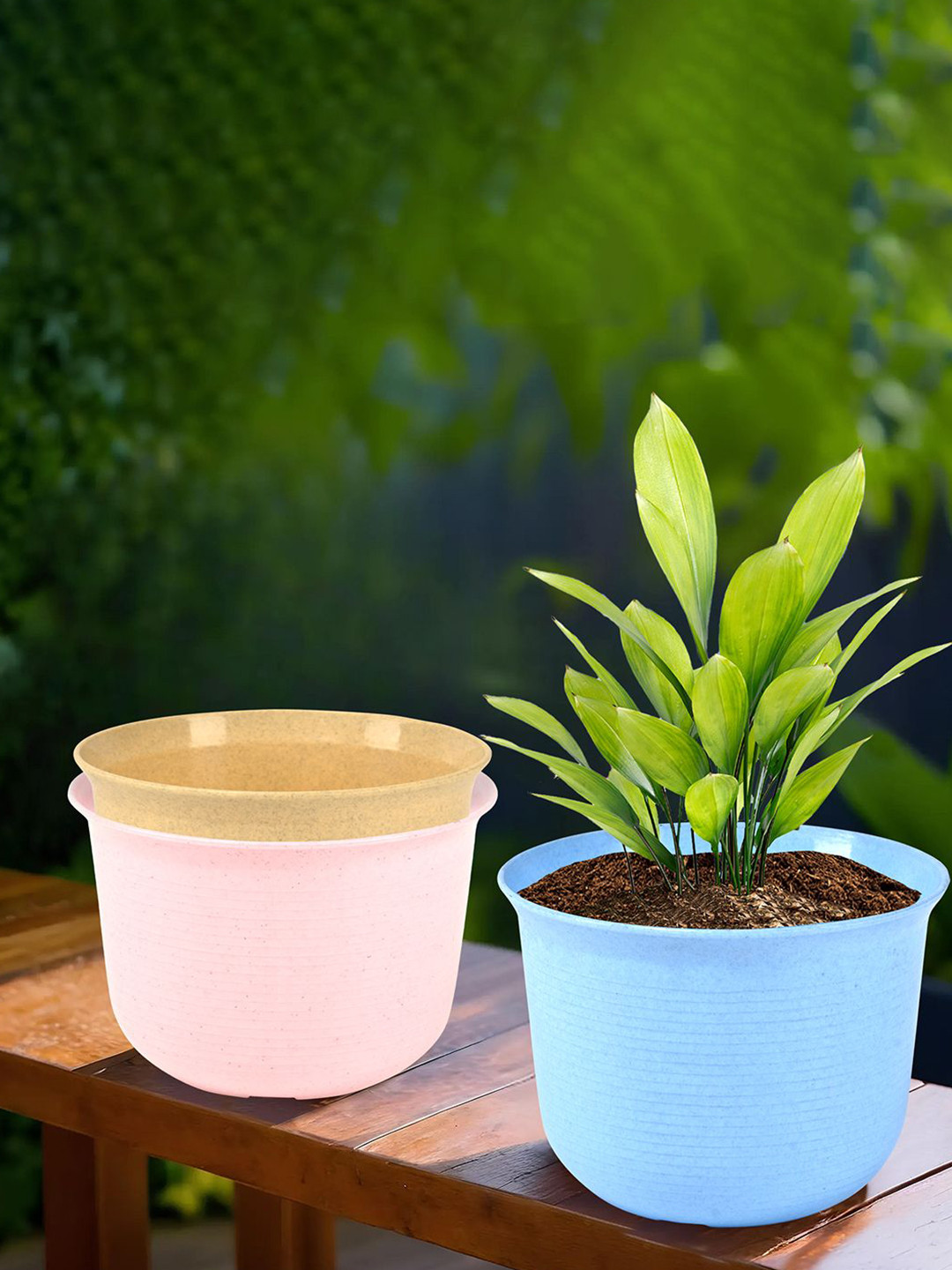 Kuber Industries Pink & Blue 3 Pieces Textured Sawera Planters With Plates