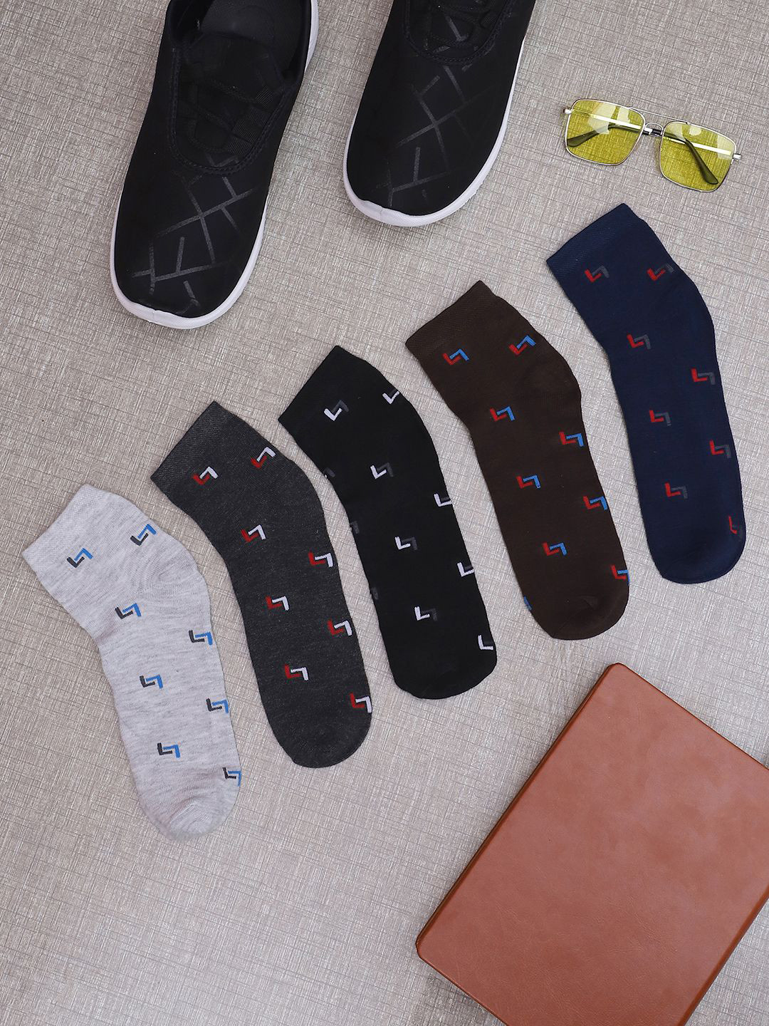 MACK JONNEY Unisex Pack of 5 Patterned Cotton Ankle-Length Socks