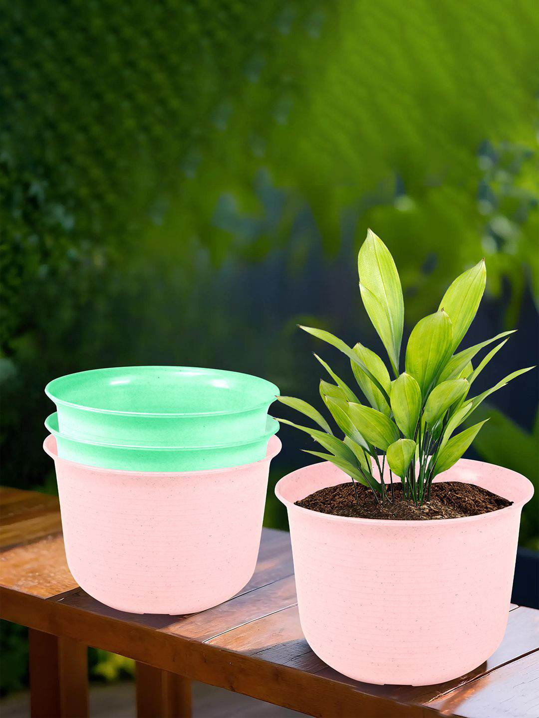 Kuber Industries Sawera Green & Pink 4 Pieces Durable Planter With Plates