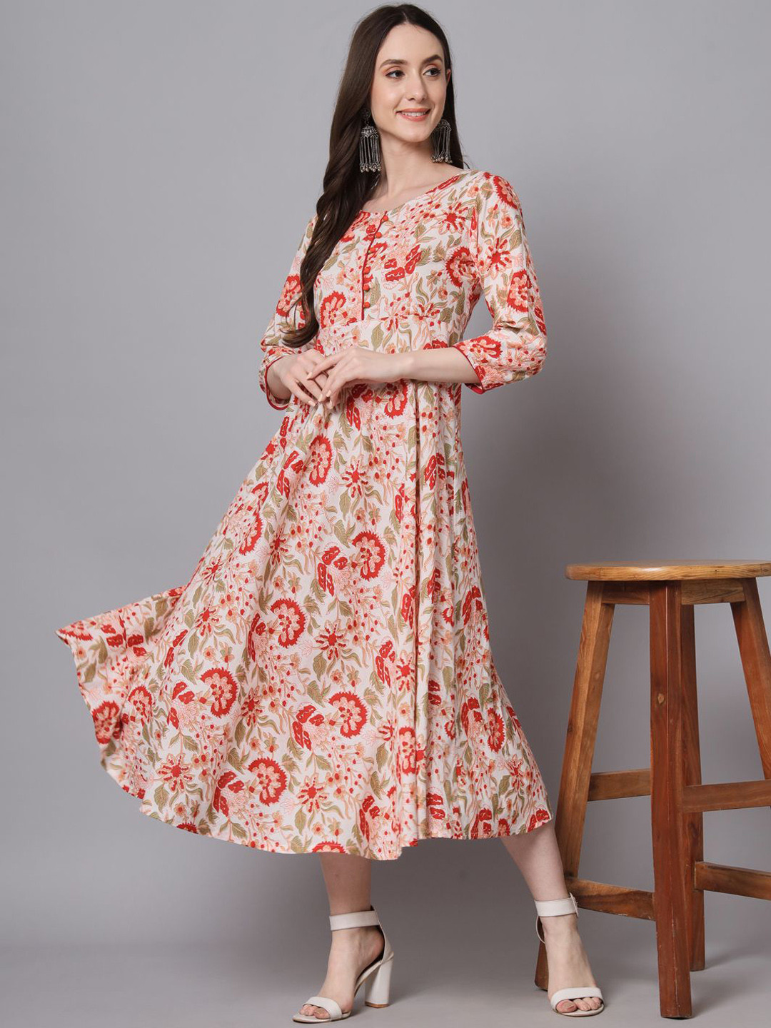 Anouk White and Red Round Neck Floral Printed Fit and Flare Cotton Ethnic Dress