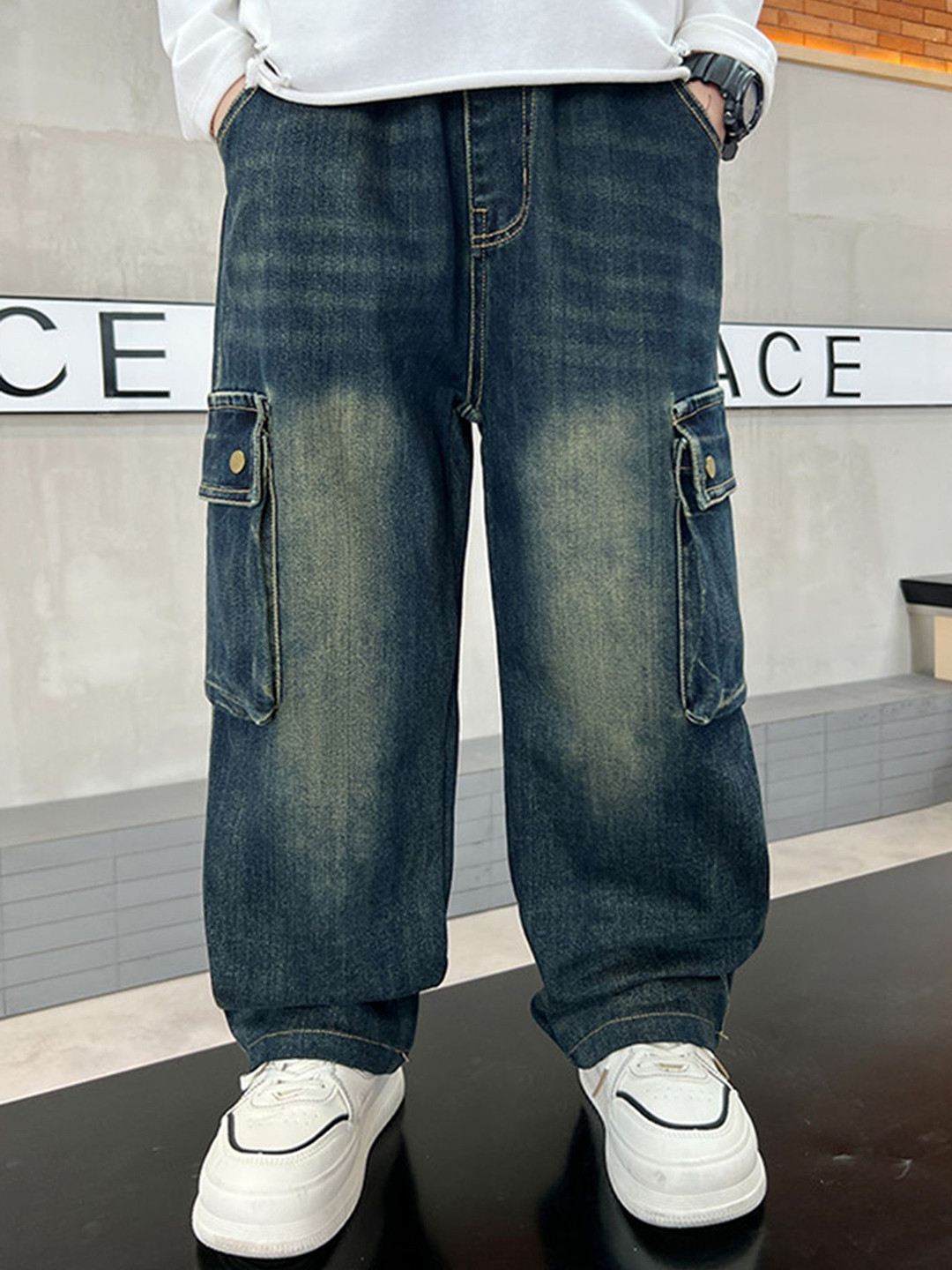 LULU & SKY Boys Comfort Wide Leg High-Rise Light Fade Cargo Jeans