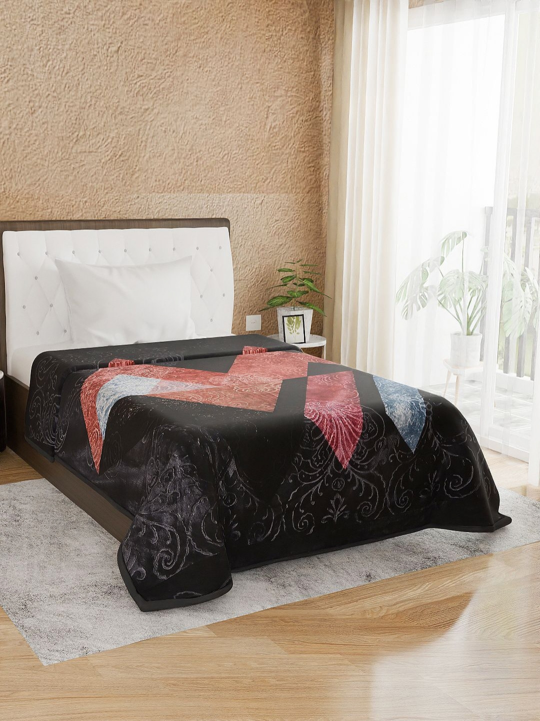 Nivasam Brezza Black & Red Floral Printed 1000 GSM Mink Heavy Winter Single Bed Blanket