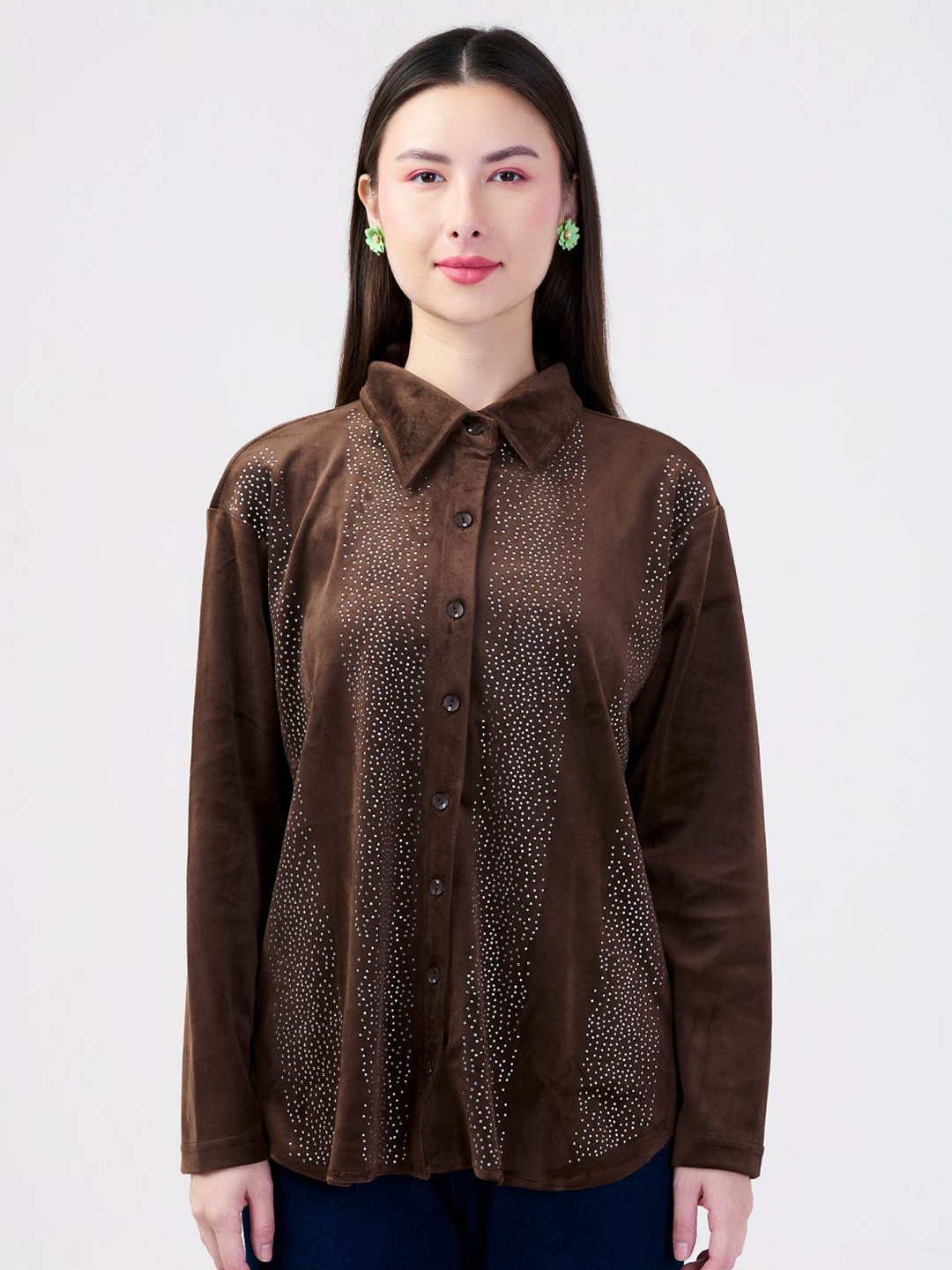 Albion By CnM Women Embellished Cotton Velvet Shirt Style Top