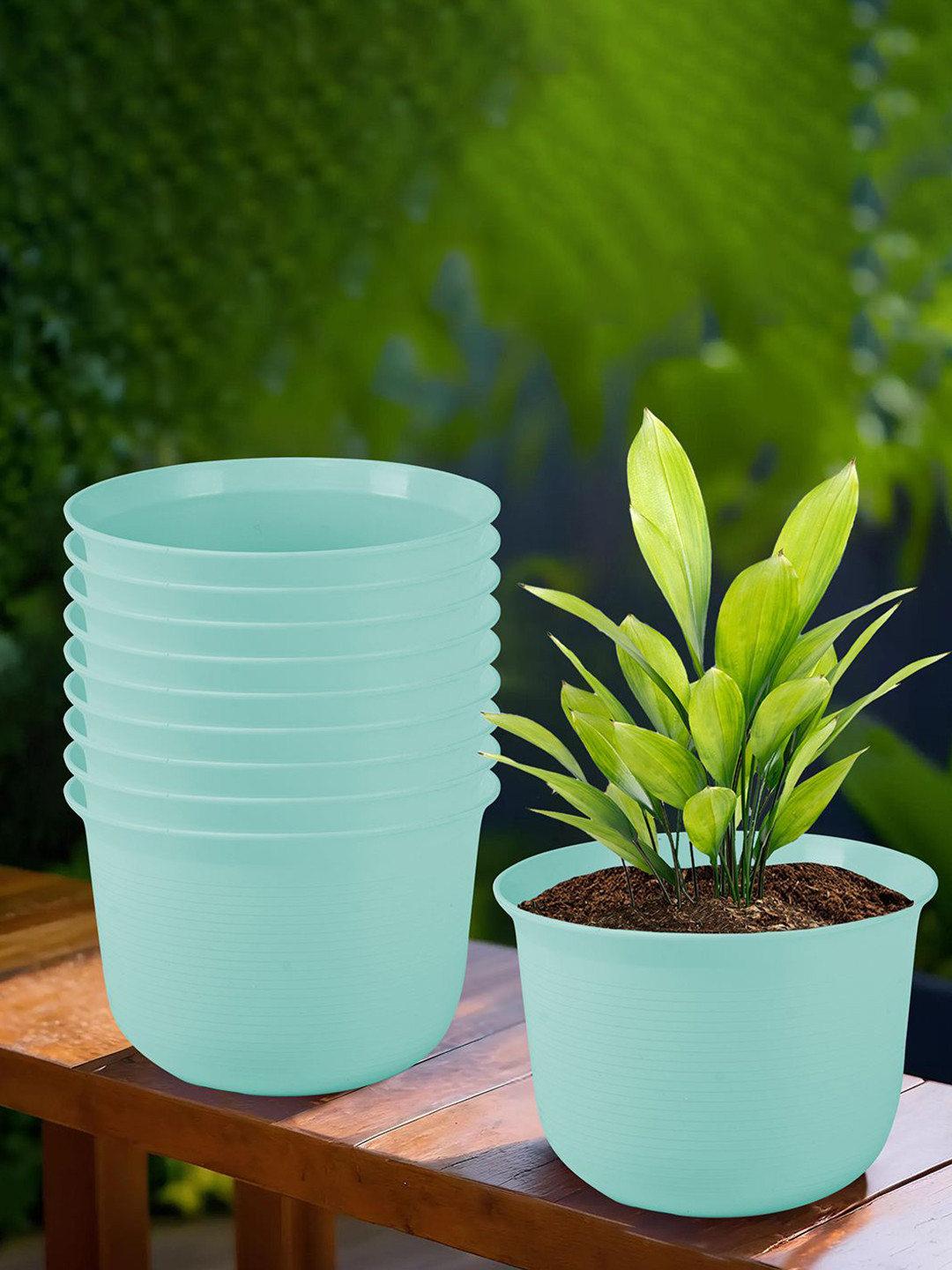 Kuber Industries 10Pcs Blue Textured Planters With Plate