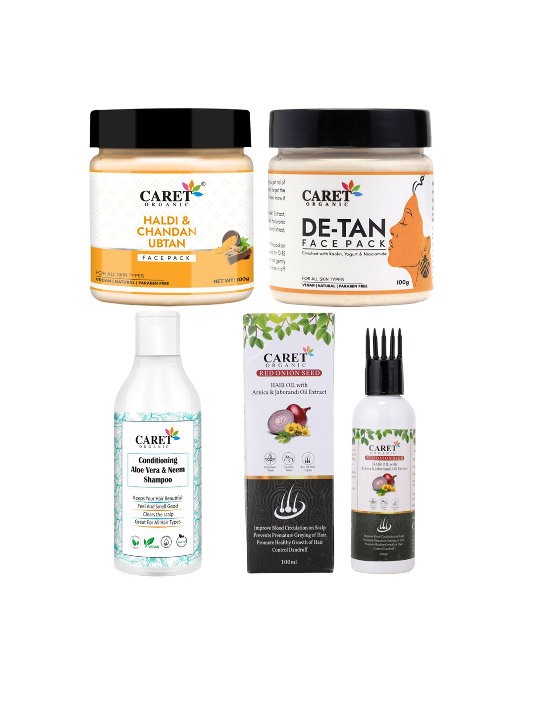 CARET ORGANIC Set of 4 Haldi Chandan & Face Pack & Onion Hair Oil & Aloevera Neem Shampoo