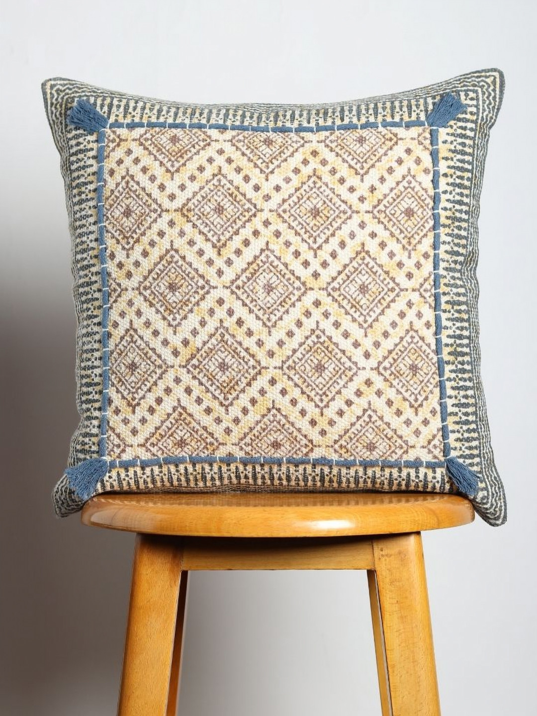 Art Avenue Block Printed Cotton Breathable Embroidered Cushion Cover - 16 x 16 Inches