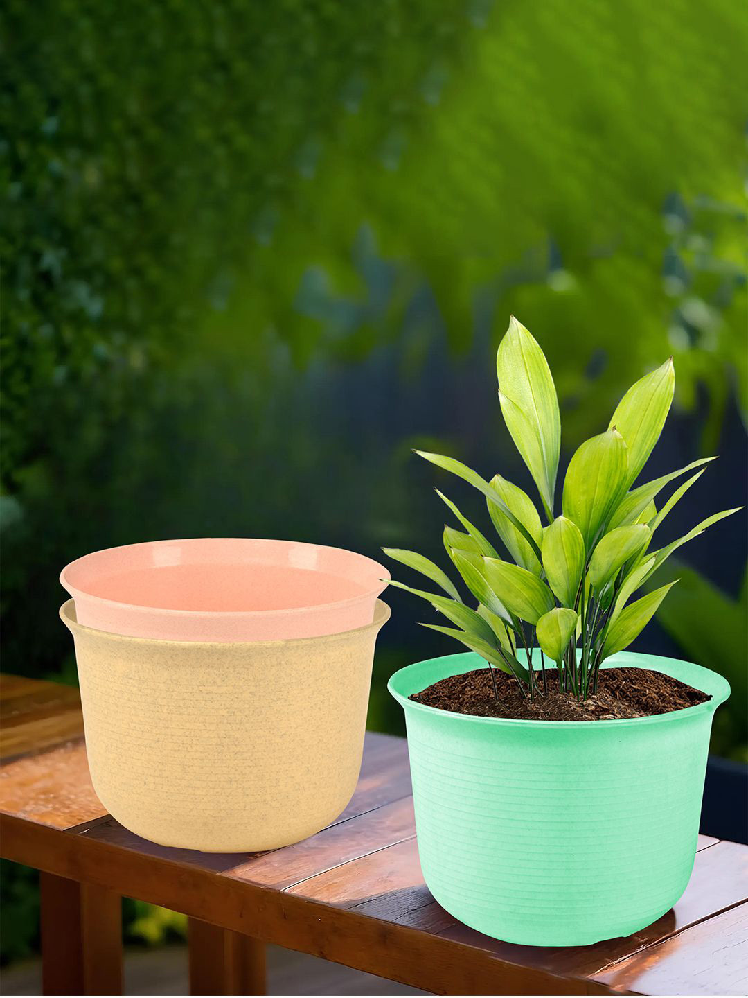 Kuber Industries Sawera Beige & Peach-Colored 3 Pcs Textured Planters With Plate