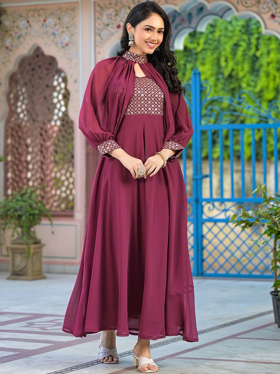 AKS Couture Women Embroidered Pure Georgette Ethnic Maxi Dresses