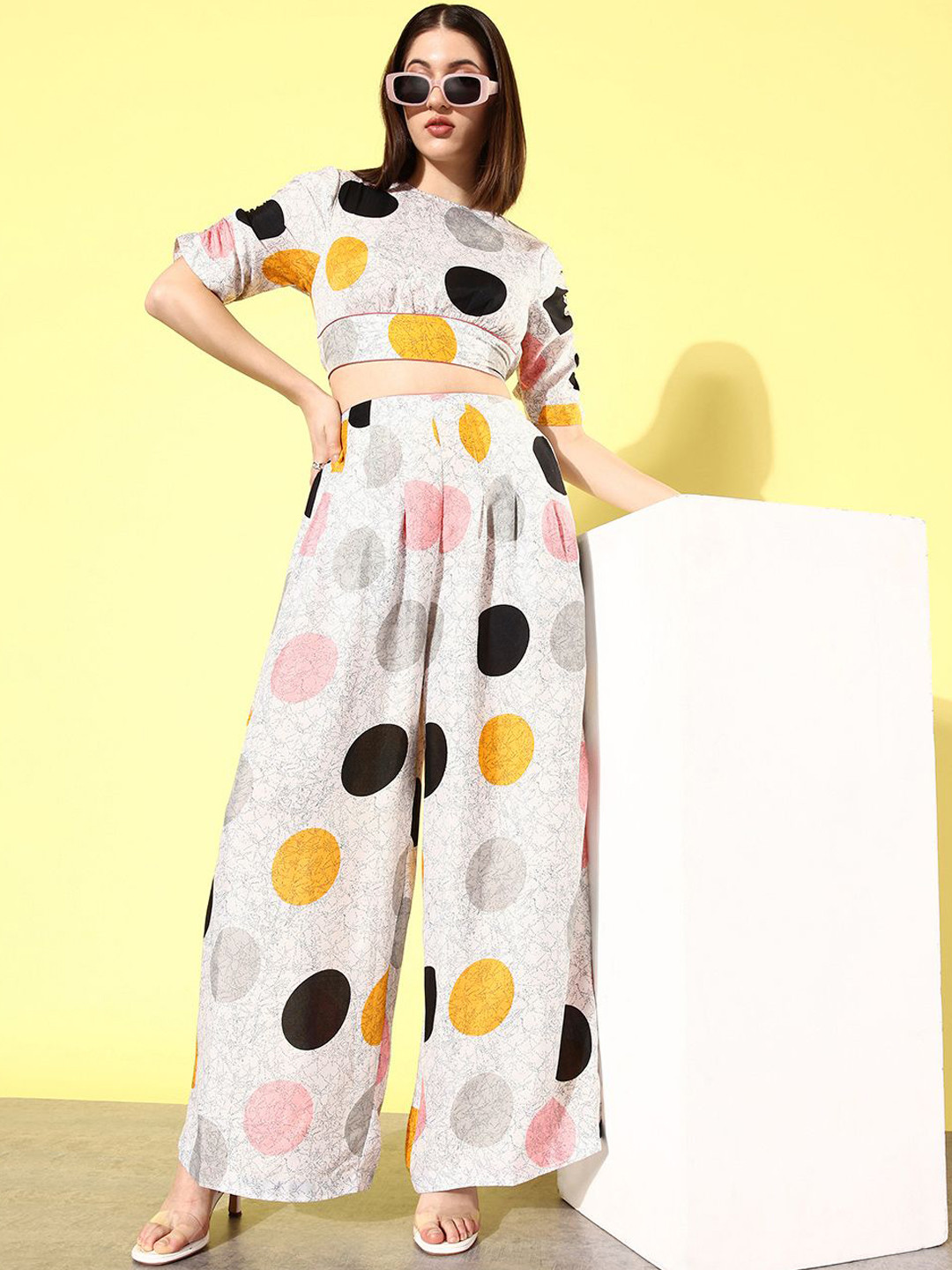 QUIERO White and Grey Round Neck Printed Top With Palazzo