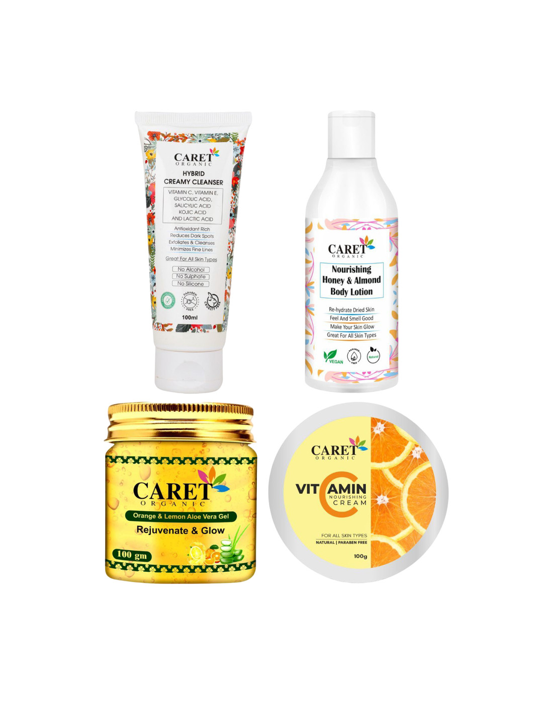 CARET ORGANIC Cleanser Face Wash +  Honey Body Lotion + Nourishing Cream + Lemon Gel Combo