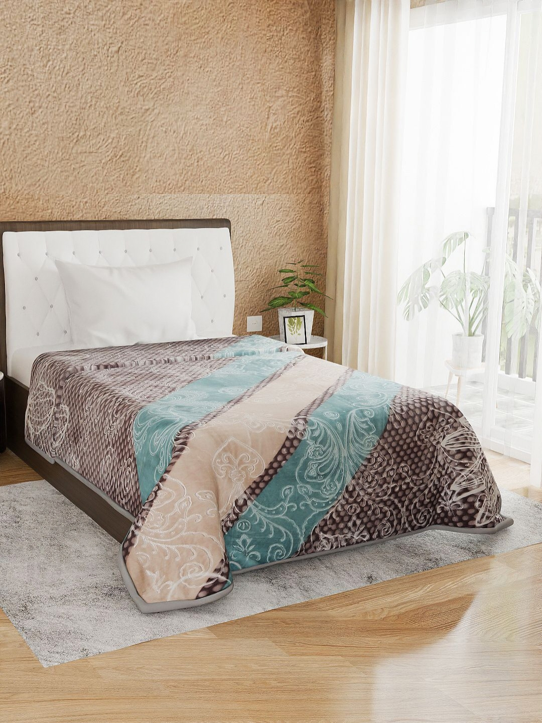 Nivasam Brezza Beige & Blue Floral Printed 1000 GSM Mink Heavy Winter Single Bed Blanket