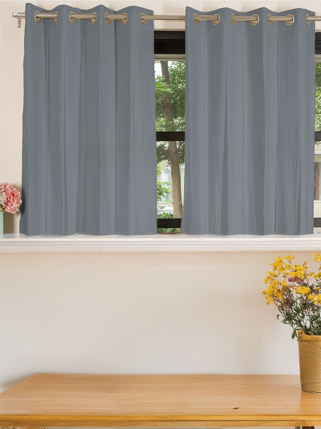 URBAN SPACE Waffle Grey 2 Pieces Cotton Window Curtains