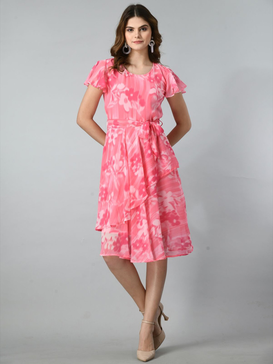 Fuchsia Women Fit & Flare Round Neck Flutter Sleeves Dress