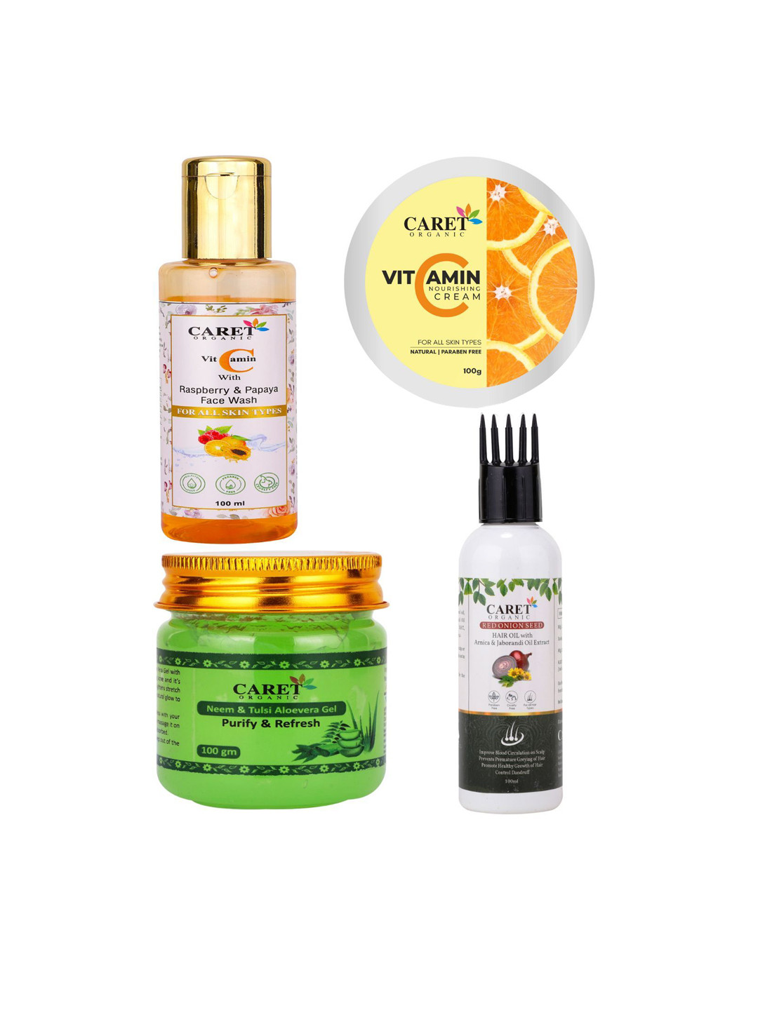 CARET ORGANIC Set of 4 Face Wash, Nourishing Cream, Red Onion Seed Hair Oil & Neem Gel