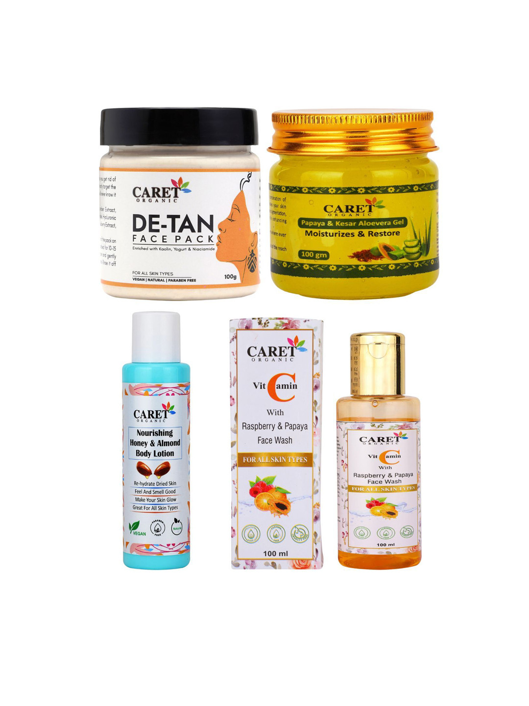 CARET ORGANIC Set Of 4 De-Tan Face Pack,Aloe Vera Gel, Almond Lotion & Vitamin C Face Wash