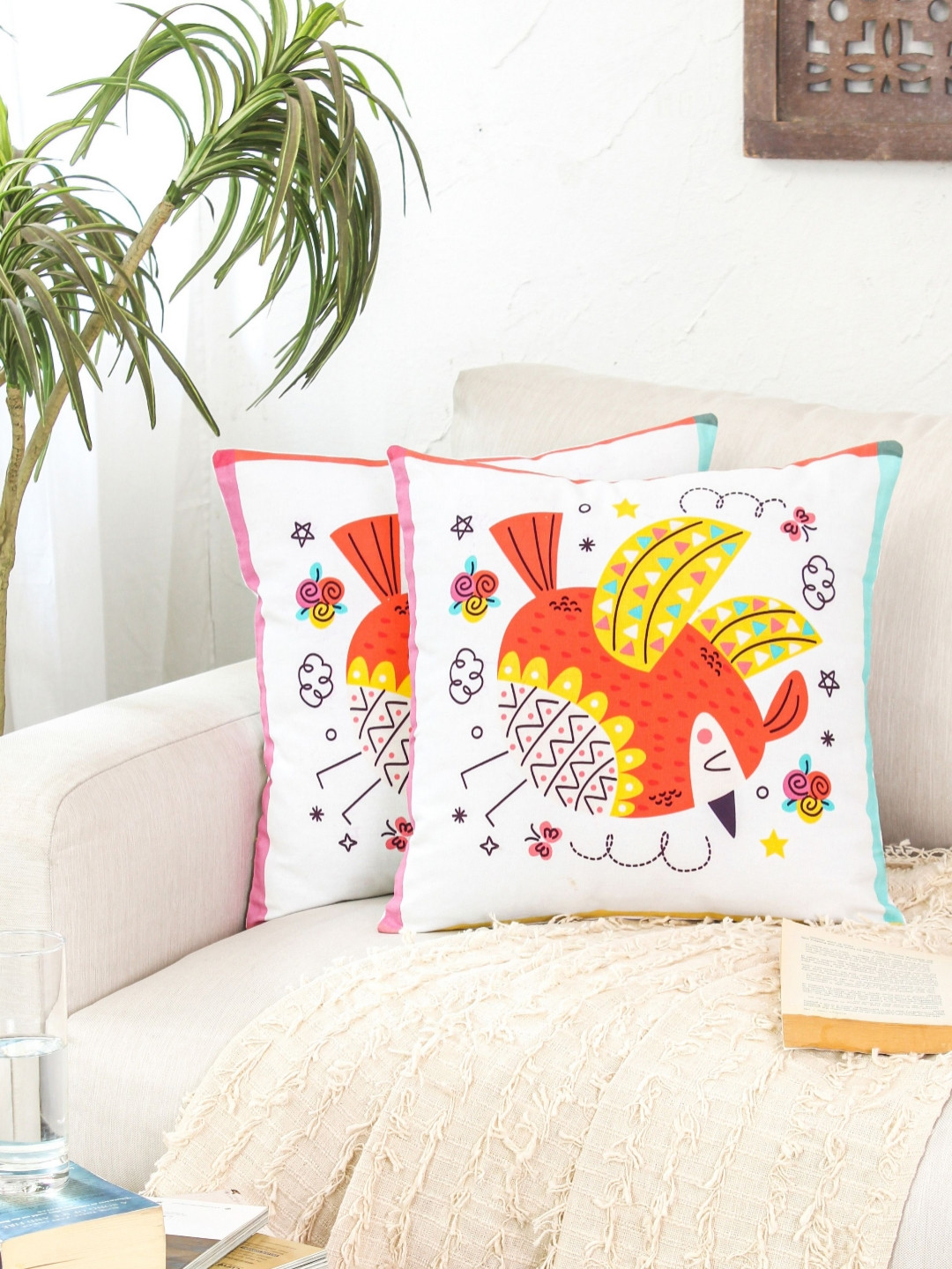 HOMPRIN White & Yellow 2 Pieces Wingspan Printed Square Cushion Covers