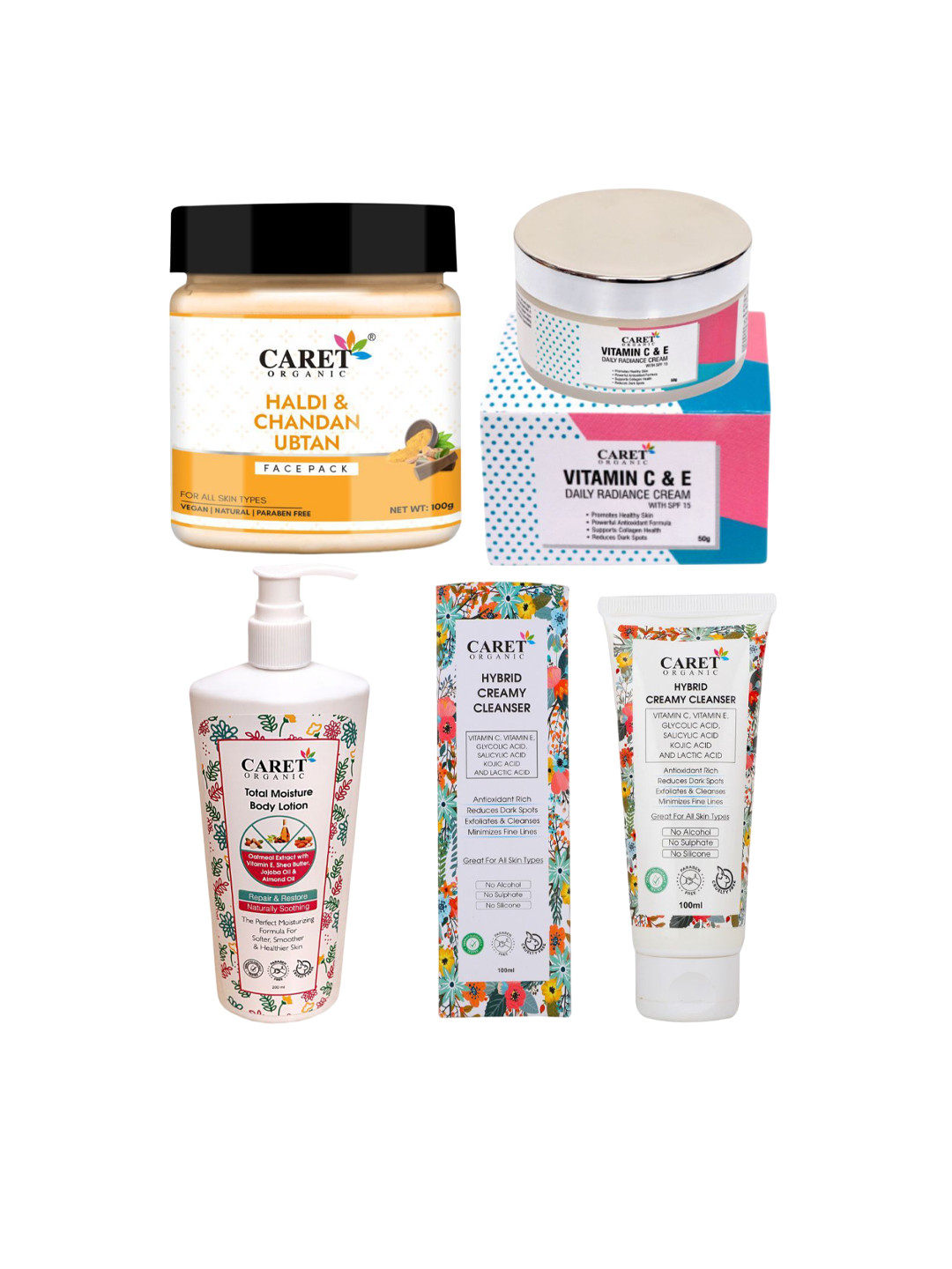 CARET ORGANIC Face Pack + Hybrid Cream Cleanser + Body Lotion + Radiance Cream Combo
