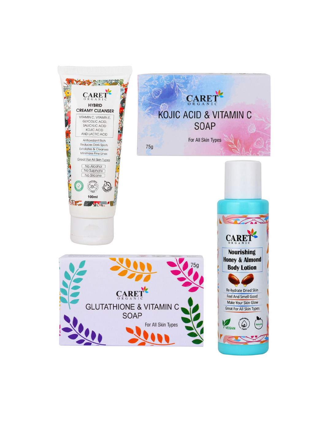 CARET ORGANIC Set of 4 Face Wash & Kojic Acid Soap & Honey Body Lotion & Glutathione Soap
