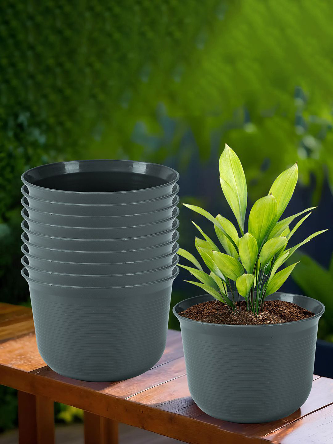 Kuber Industries Sawera Grey 10 Pieces Textured Planters With Plates