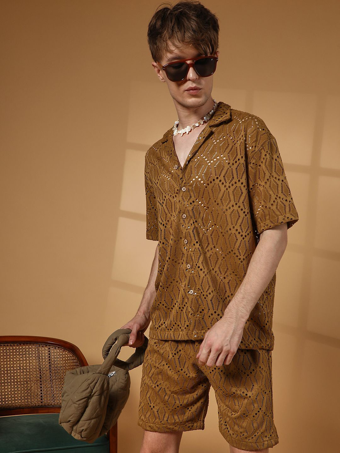 Campus Sutra Brown Self Design Shirt With Shorts