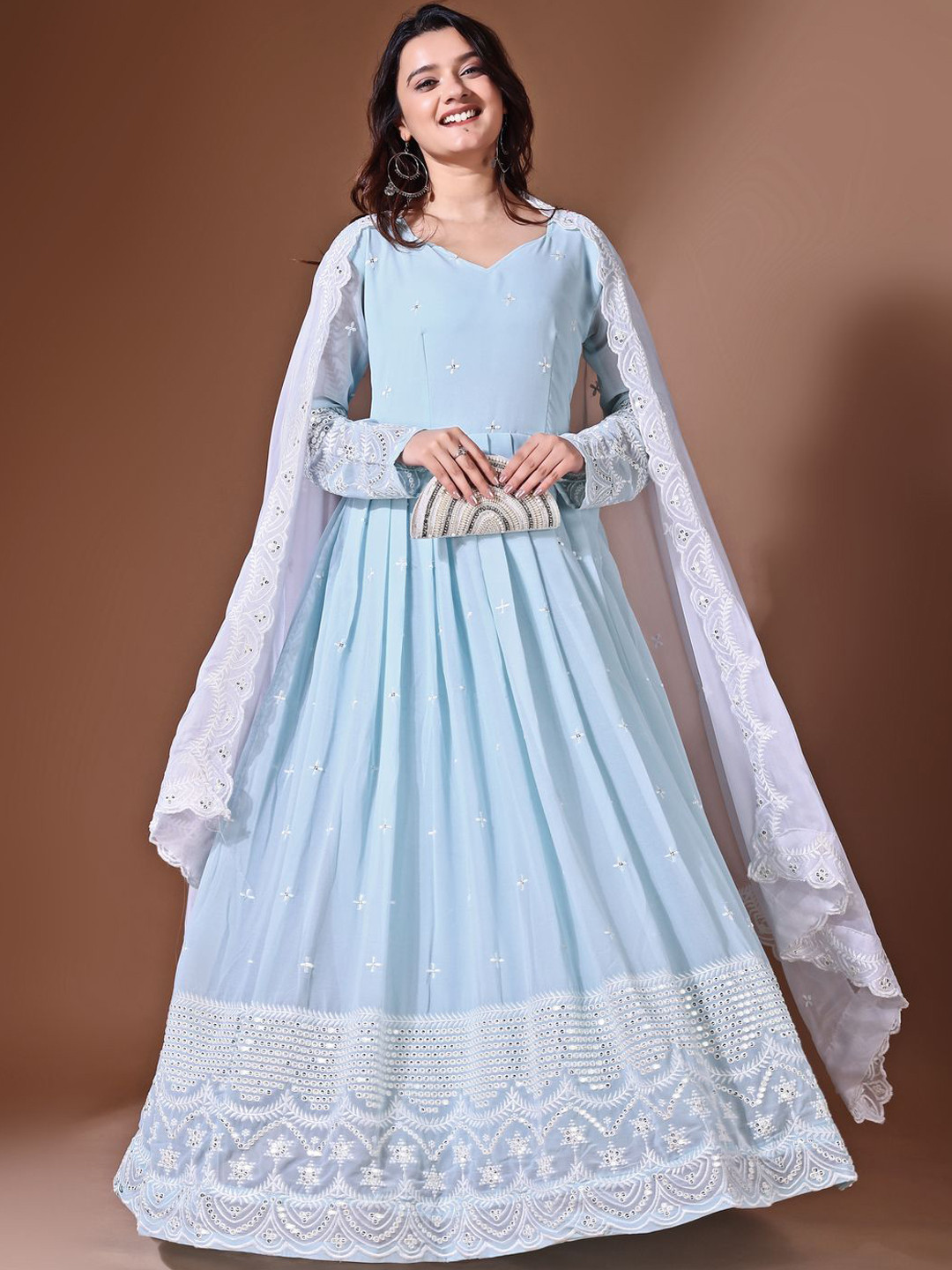Wedani Floral Embroidered Sweetheart Neck Long Sleeves Sequinned Georgette Kurta & Dupatta