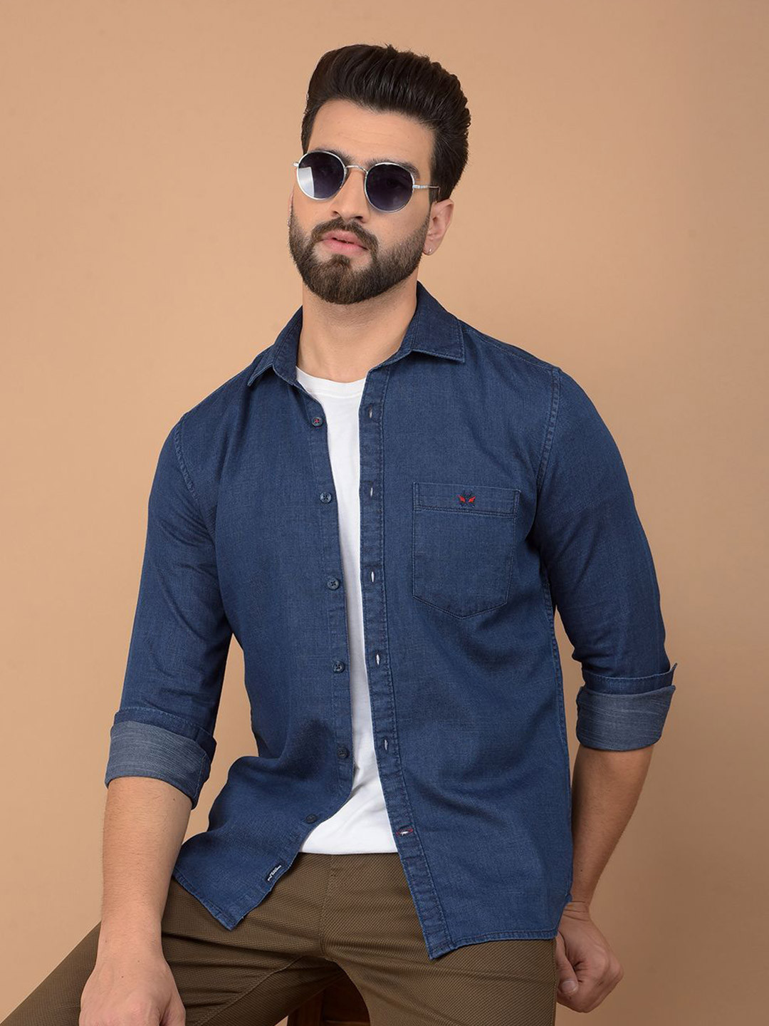 Crimsoune Club Men Classic Spread Collar Solid Cotton Casual Shirt
