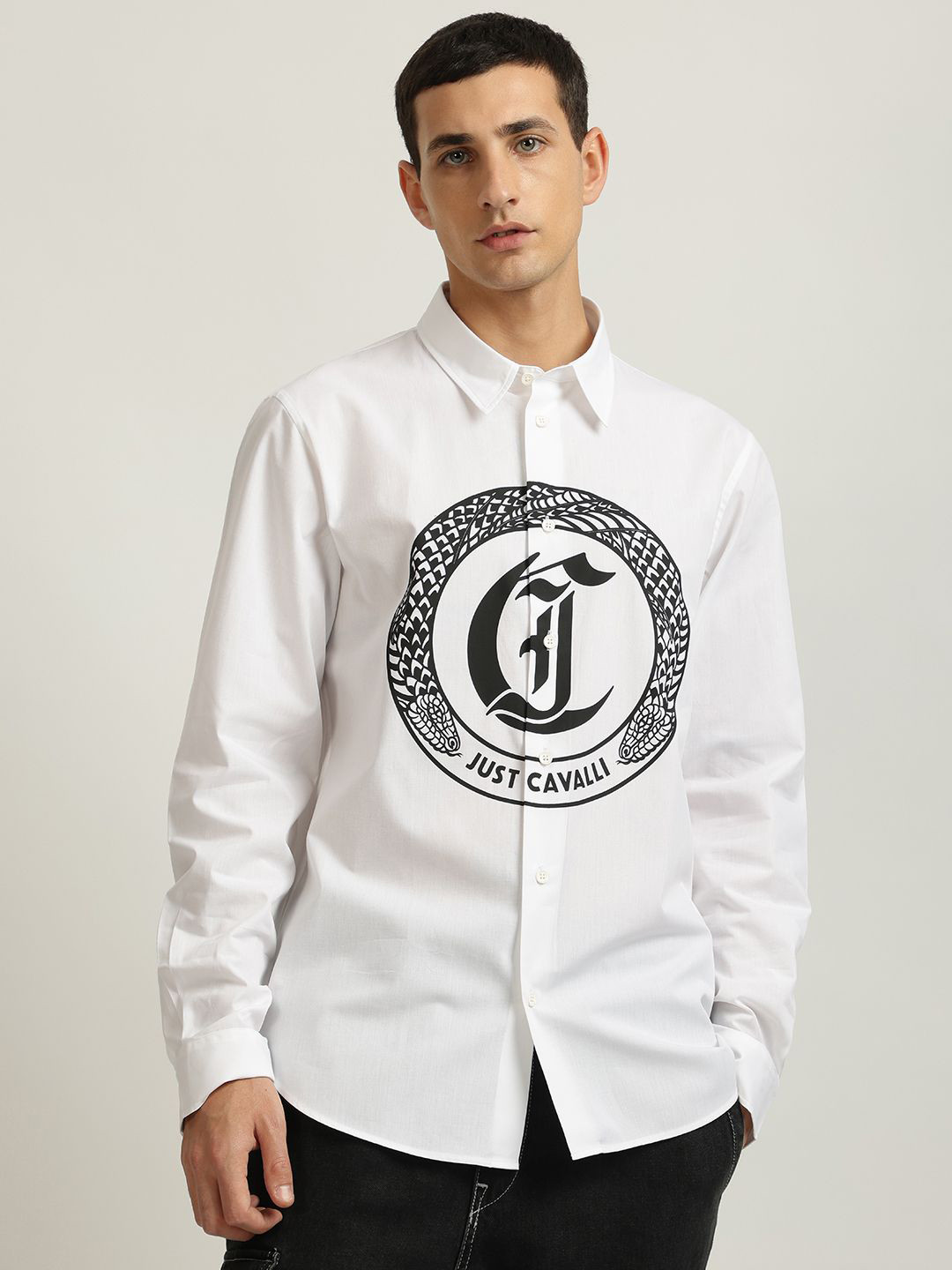 Just Cavalli Men Spread Collar Brand Logo Printed Cotton Casual Shirt