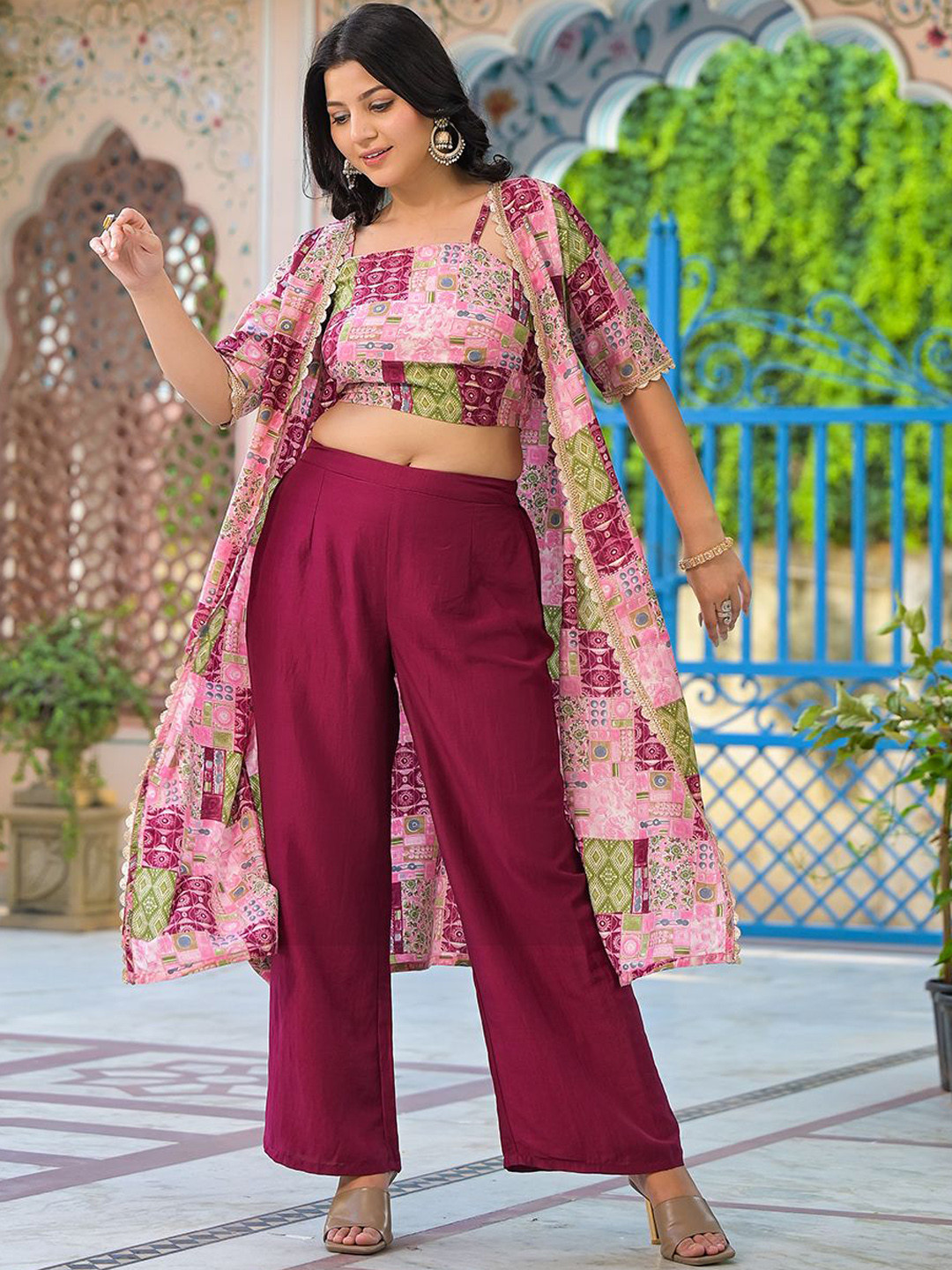 AKS Printed Crop Top and Palazzo With Shrug