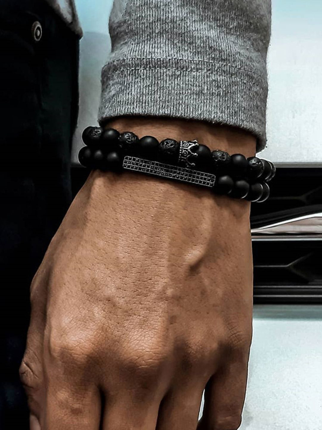 Jewels Galaxy Men Set Of 2 Silver-Plated Beaded Elasticated Bracelets
