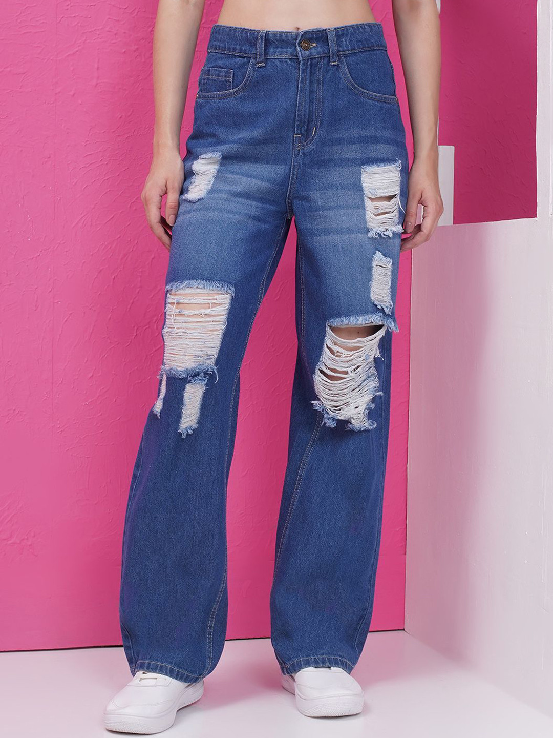 PUELLA Women Flared High-Rise Highly Distressed Light Fade Jeans