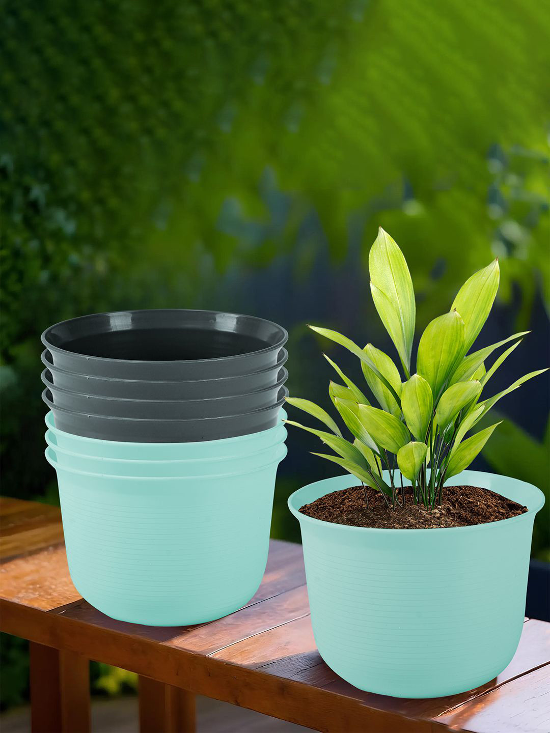 Kuber Industries Blue & Grey 8 Pieces Textured Sawera Planters With Plate