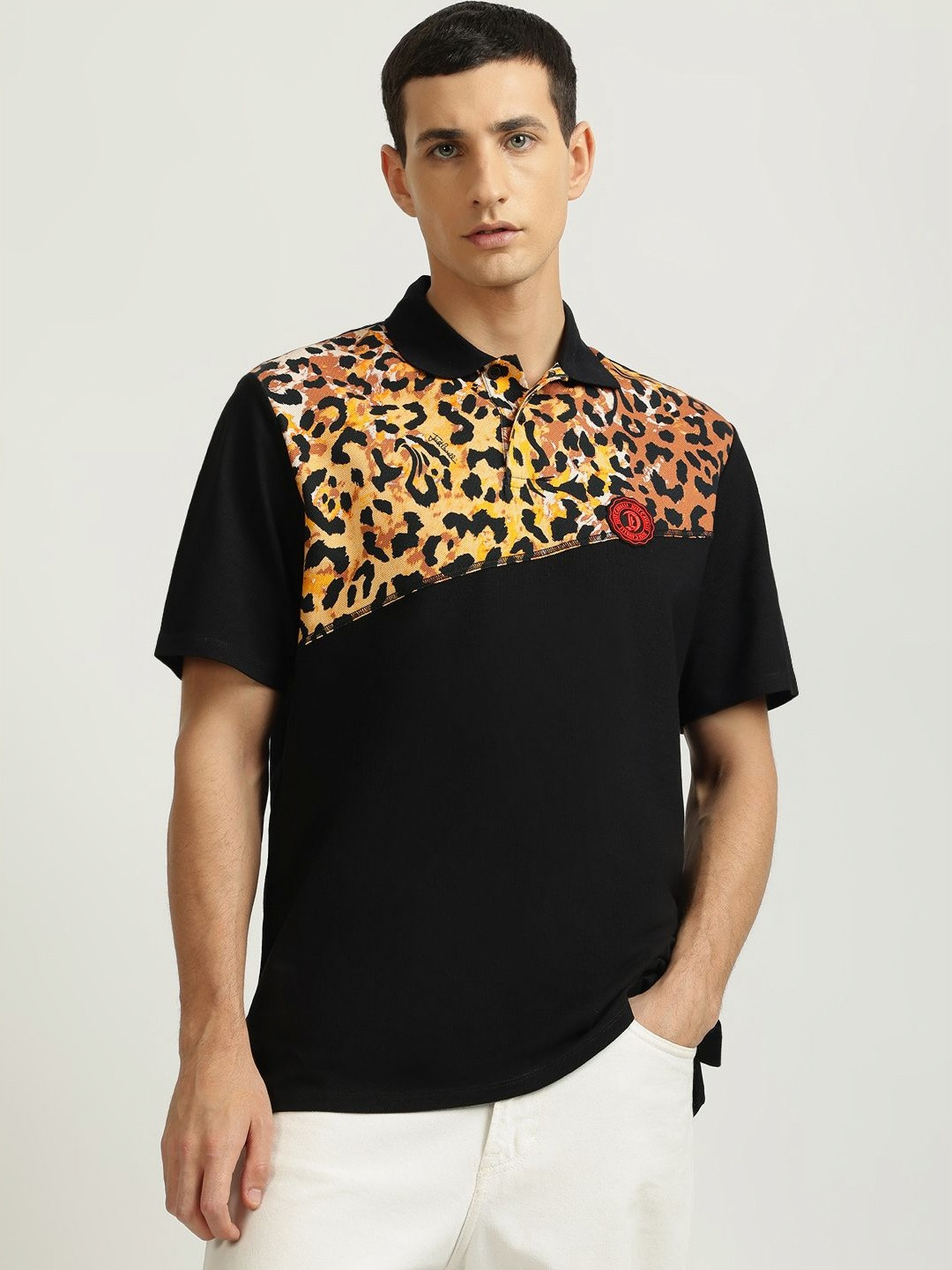 Just Cavalli Men Animal Printed Polo Collar Cotton T-shirt