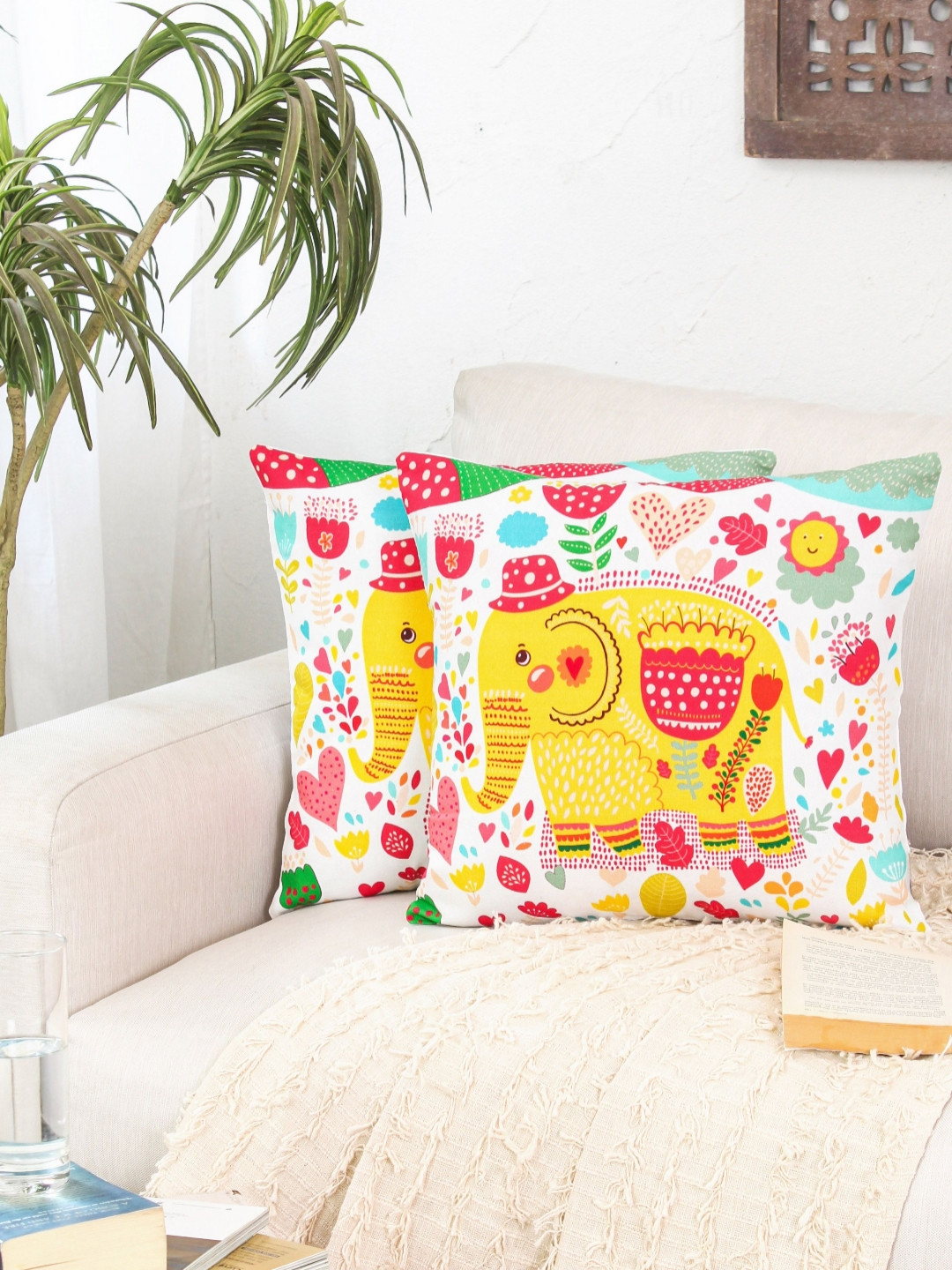 HOMPRIN White Animal Cotton Breathable 2 Piece Square Cushion Covers -16x16In