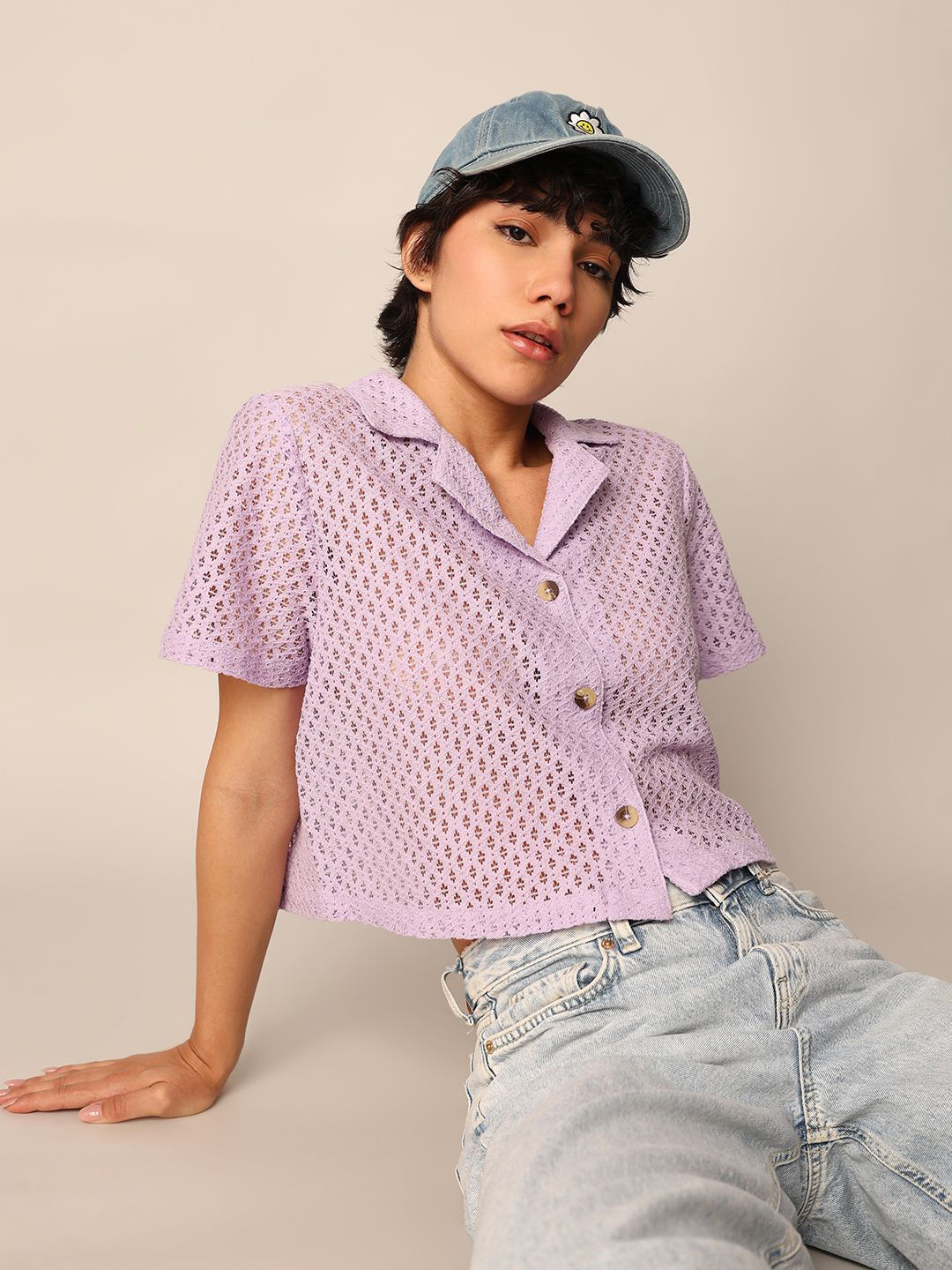 ONLY Women Cuban Collar Textured Cotton Boxy Casual Shirt