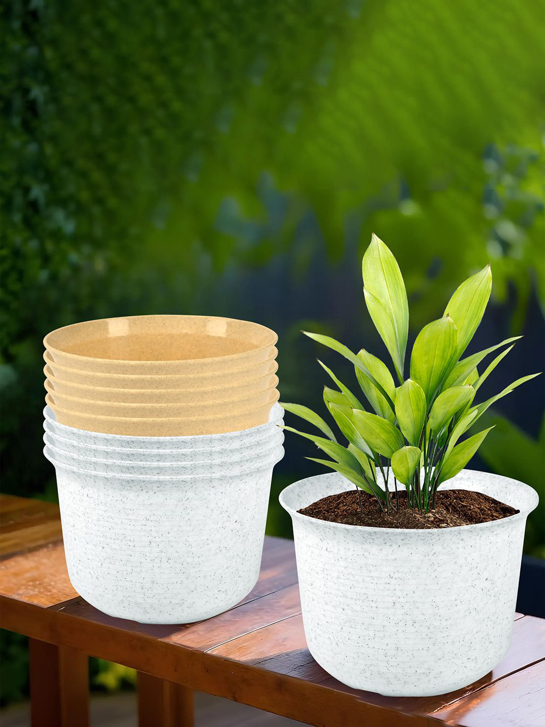 Kuber Industries Marble Sawera White & Beige 10 Pieces Textured Planters With Plates