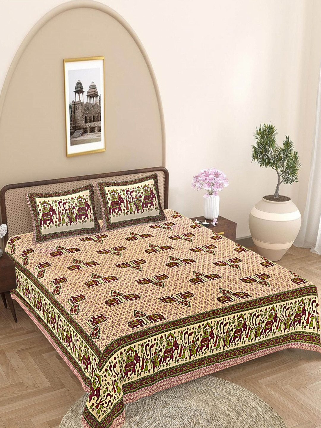 FrionKandy Living Green Graphic Cotton 180 TC King Fine Bedsheet with 2 Pillow Covers-106 x 108 inches