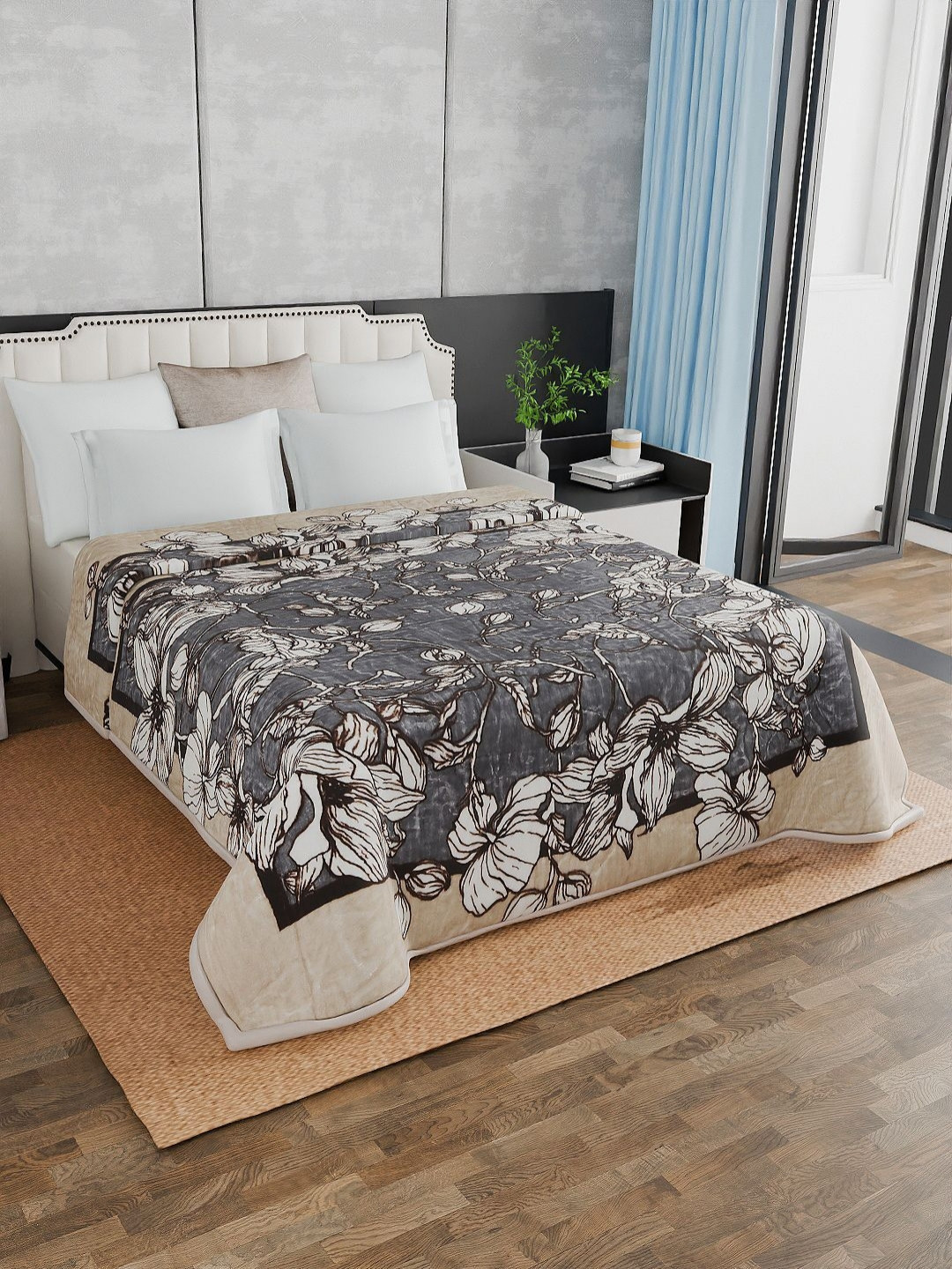 Signature Albela Grey & Beige Floral Printed Mink Mild Winter 500 GSM Double Bed Blanket