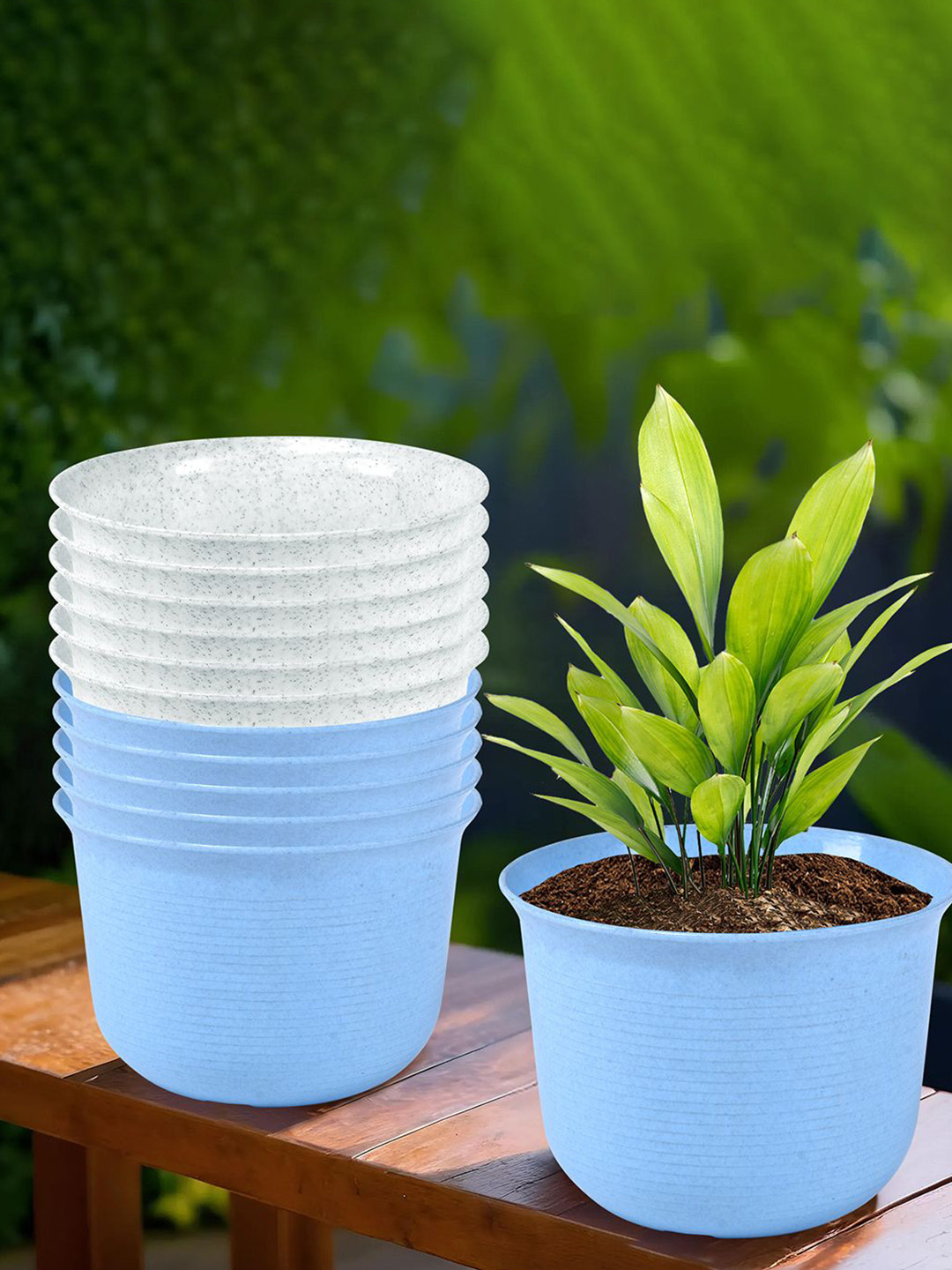 Kuber Industries Blue & White 12 Pieces Textured Flower Pot With Plate