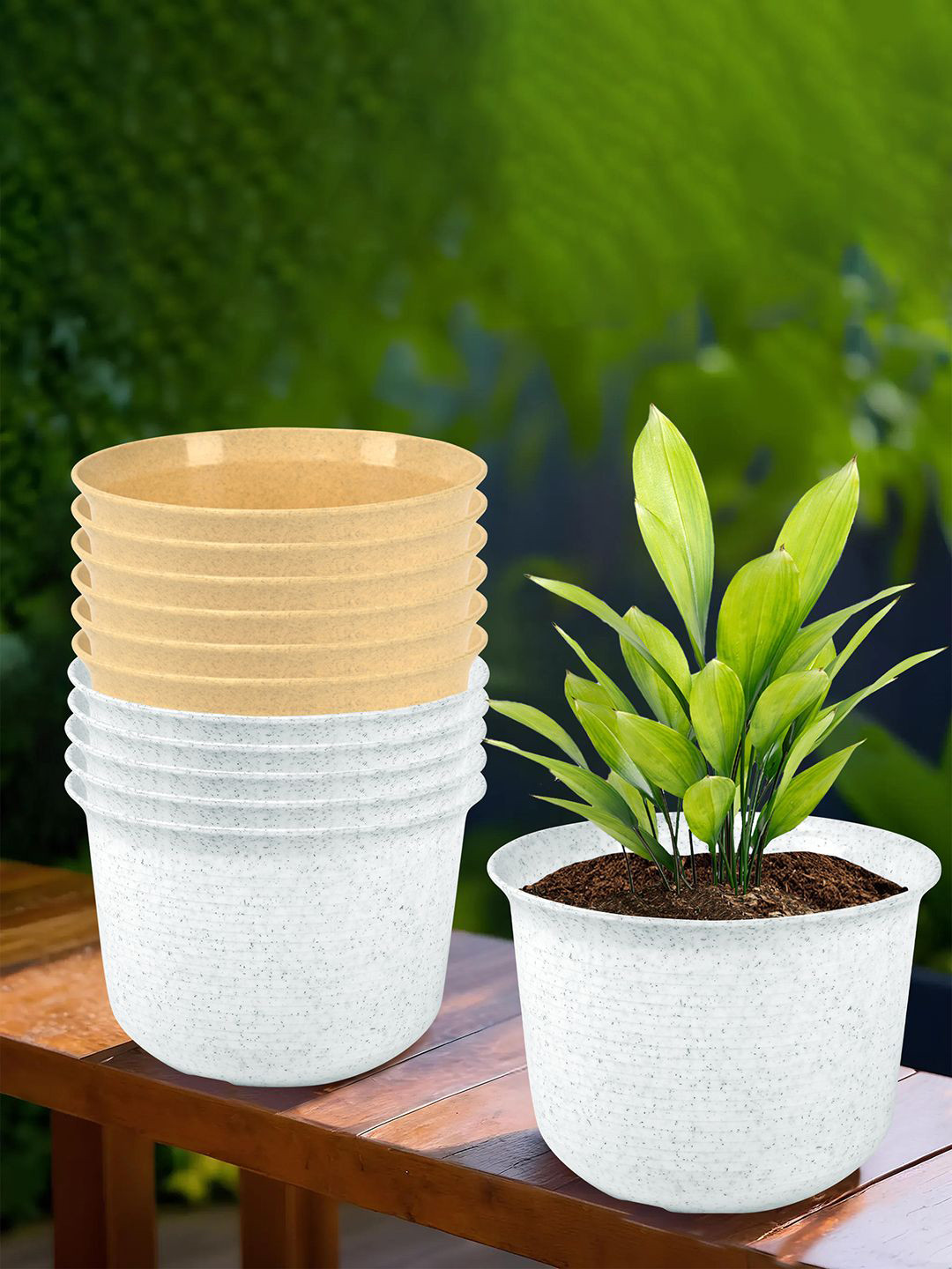 Kuber Industries 12Pcs White & Beige Textured Planters With Plate