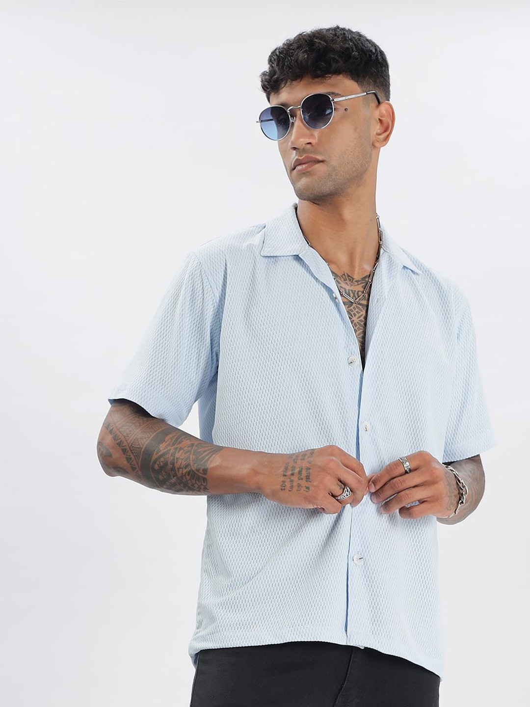 Vestirio Men Relaxed Cuban Collar Textured Relaxed Fit Casual Shirt