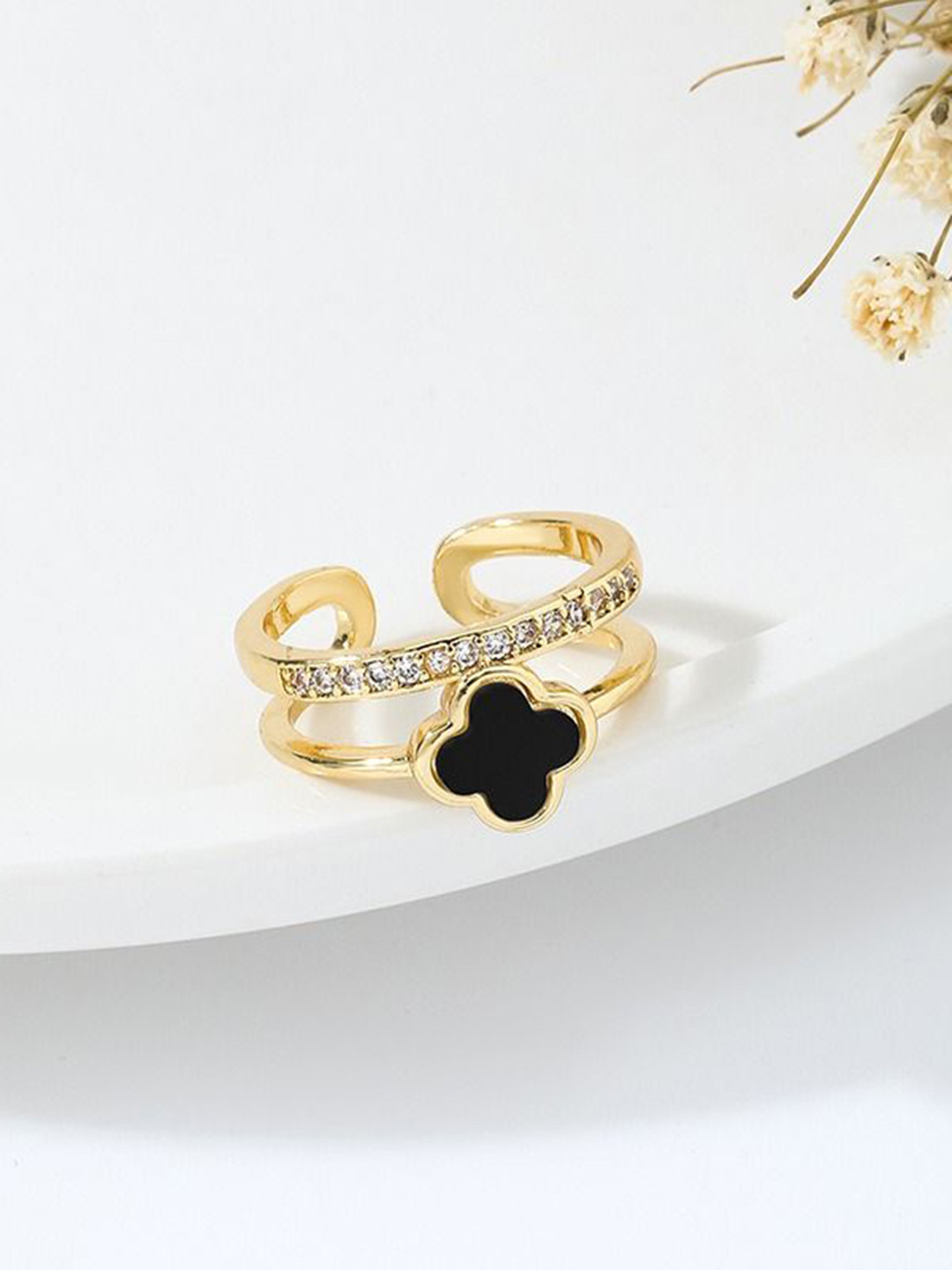 MYKI Gold-Plated Stainless Steel Stones-Studded Adjustable Divine Finger Ring