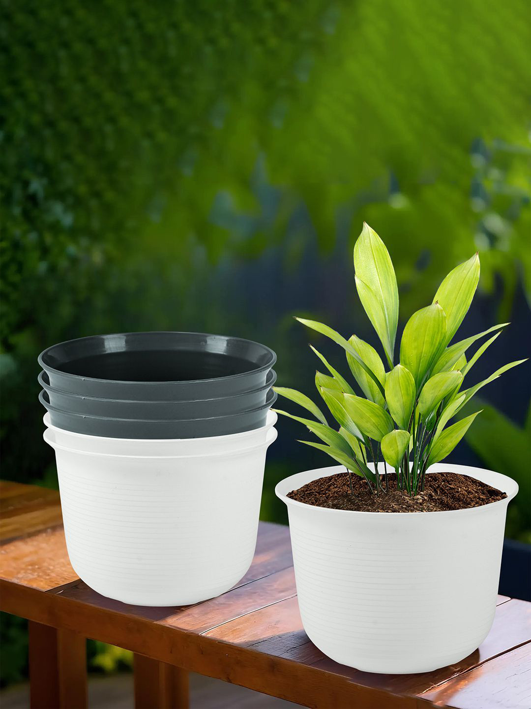 Kuber Industries 6Pcs White & Grey Textured Planters With Plate