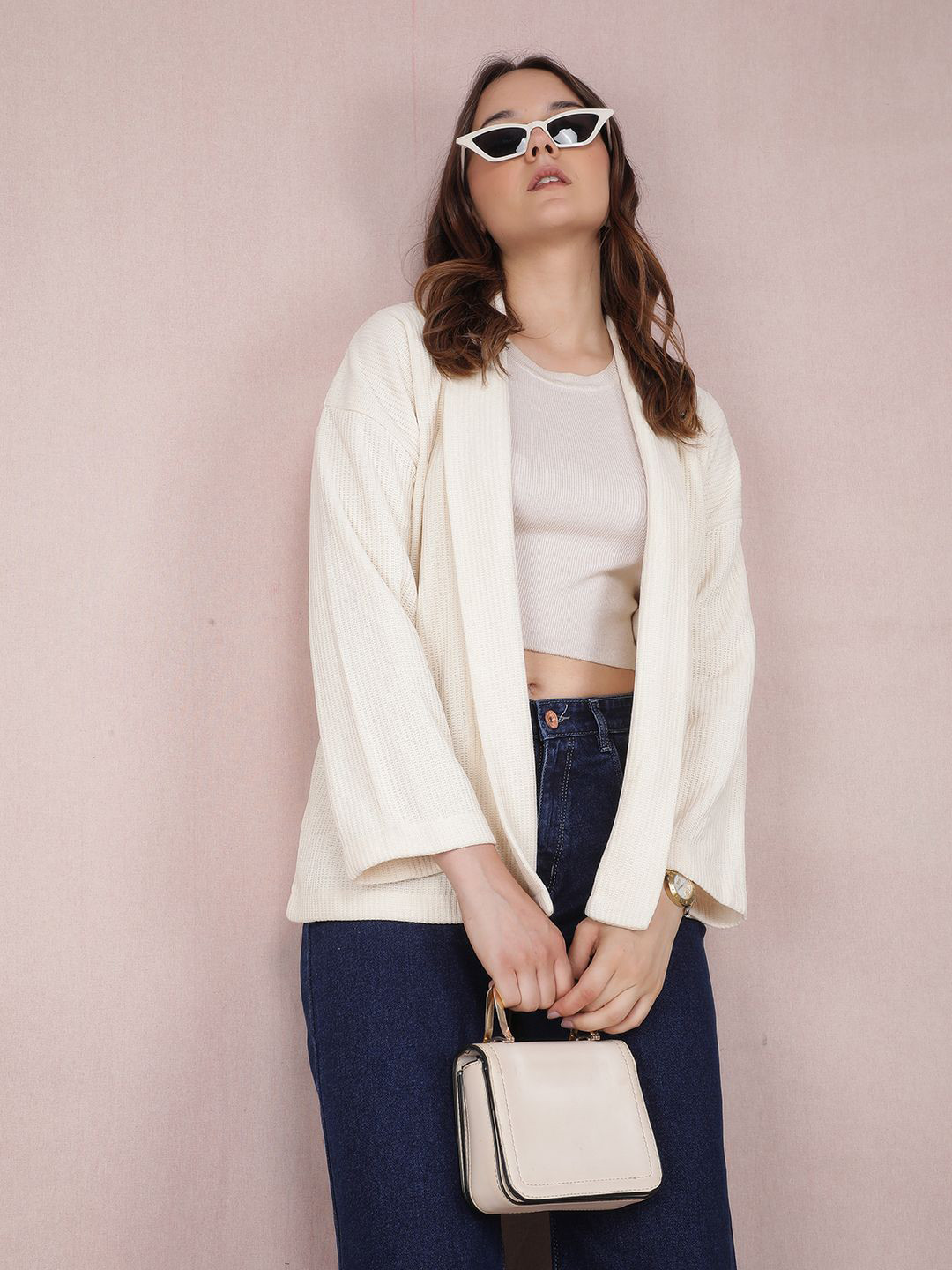 Crimsoune Club Self Design Shawl Collar Tie-Up Open Front Shrug