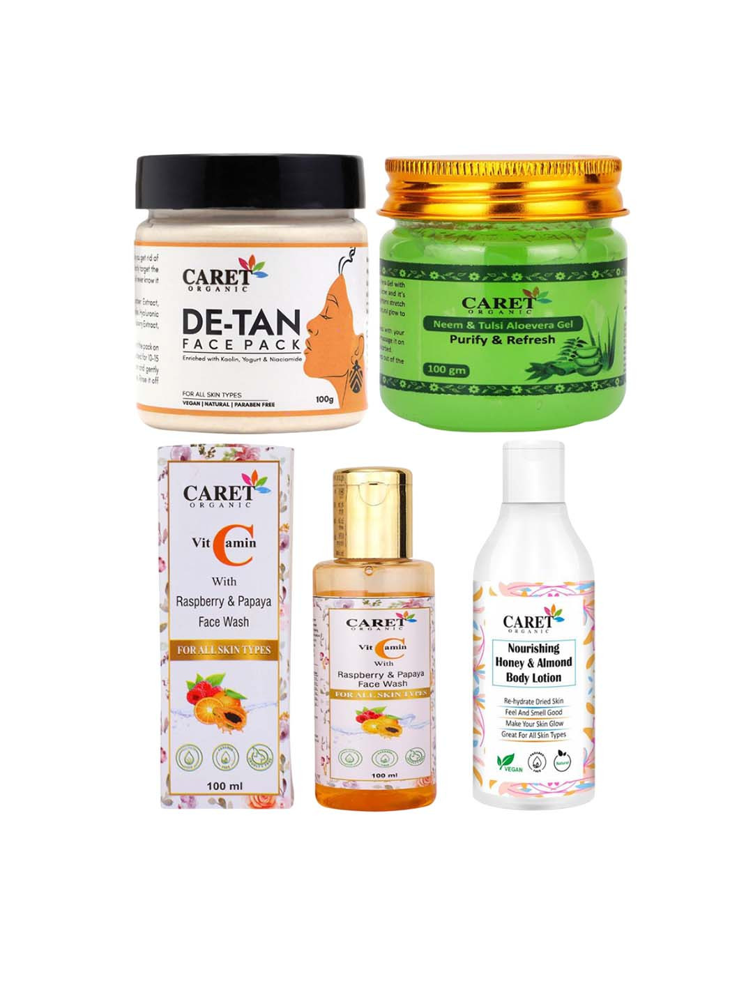 CARET ORGANIC De-Tan Face Pack + Tulsi Gel + Vitamin C Face Wash + Body Lotion Combo
