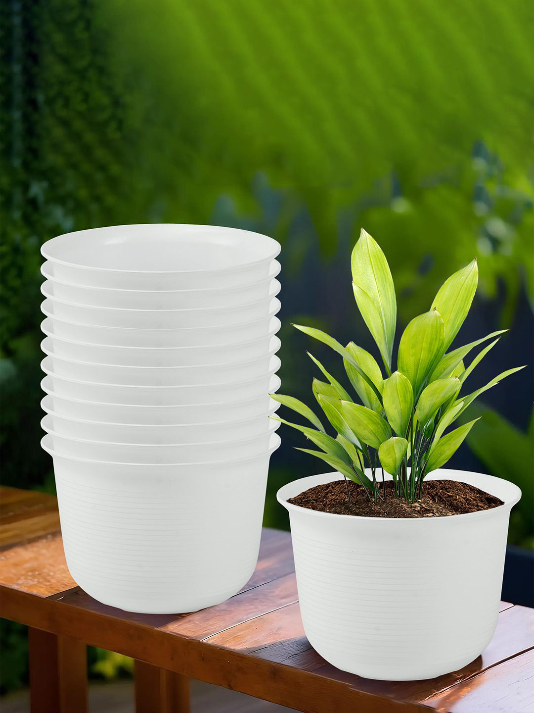 Kuber Industries White 12 Pieces Textured Flower Pots With Plate